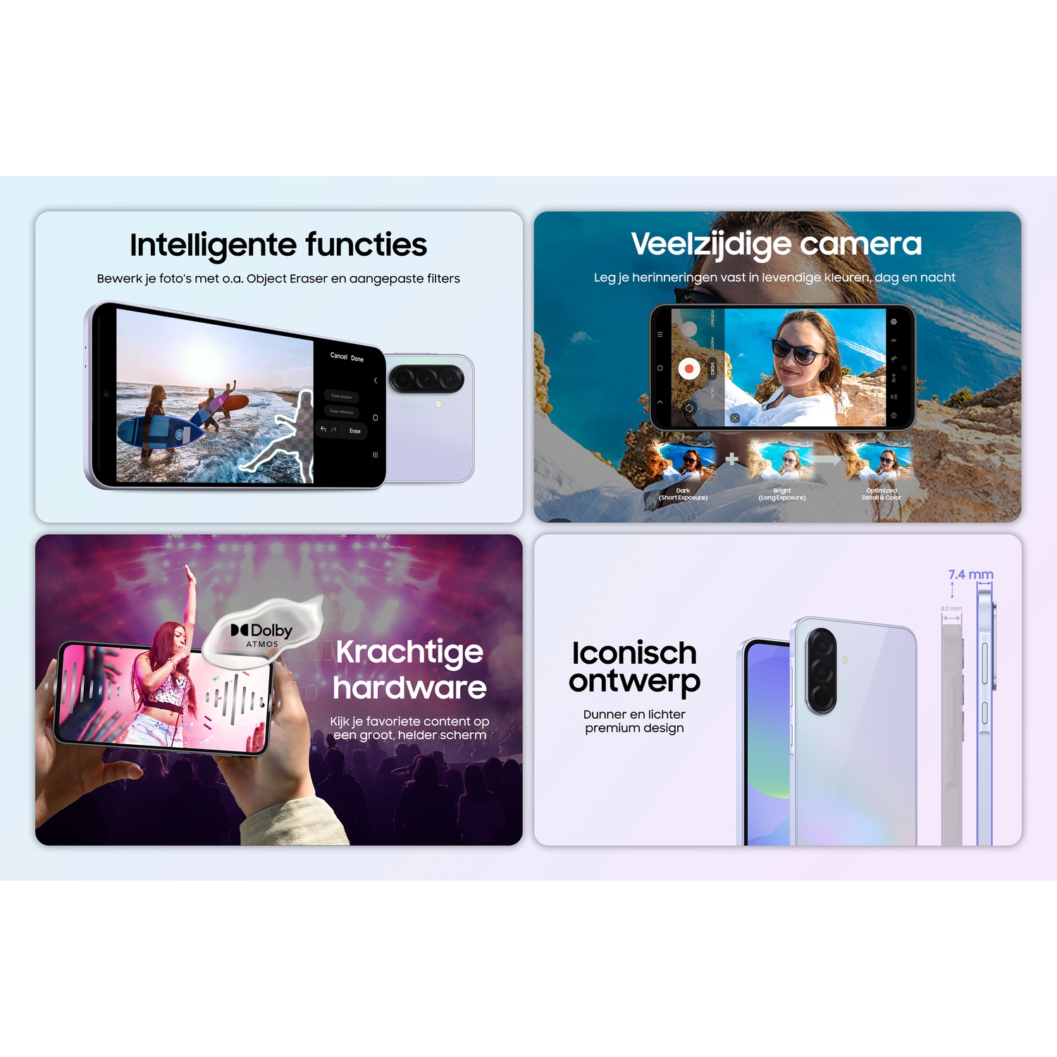 Vier afbeeldingen: telefoonfuncties, camera, ontwerp en functies. Tekst en afbeeldingen benadrukken.