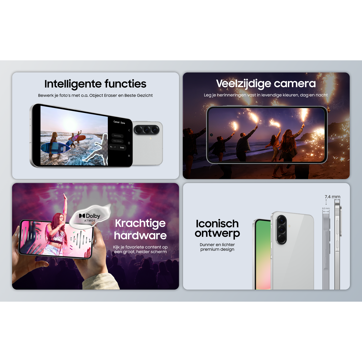 Een promotieafbeelding met vier telefoonschermen met functies van een telefoon.