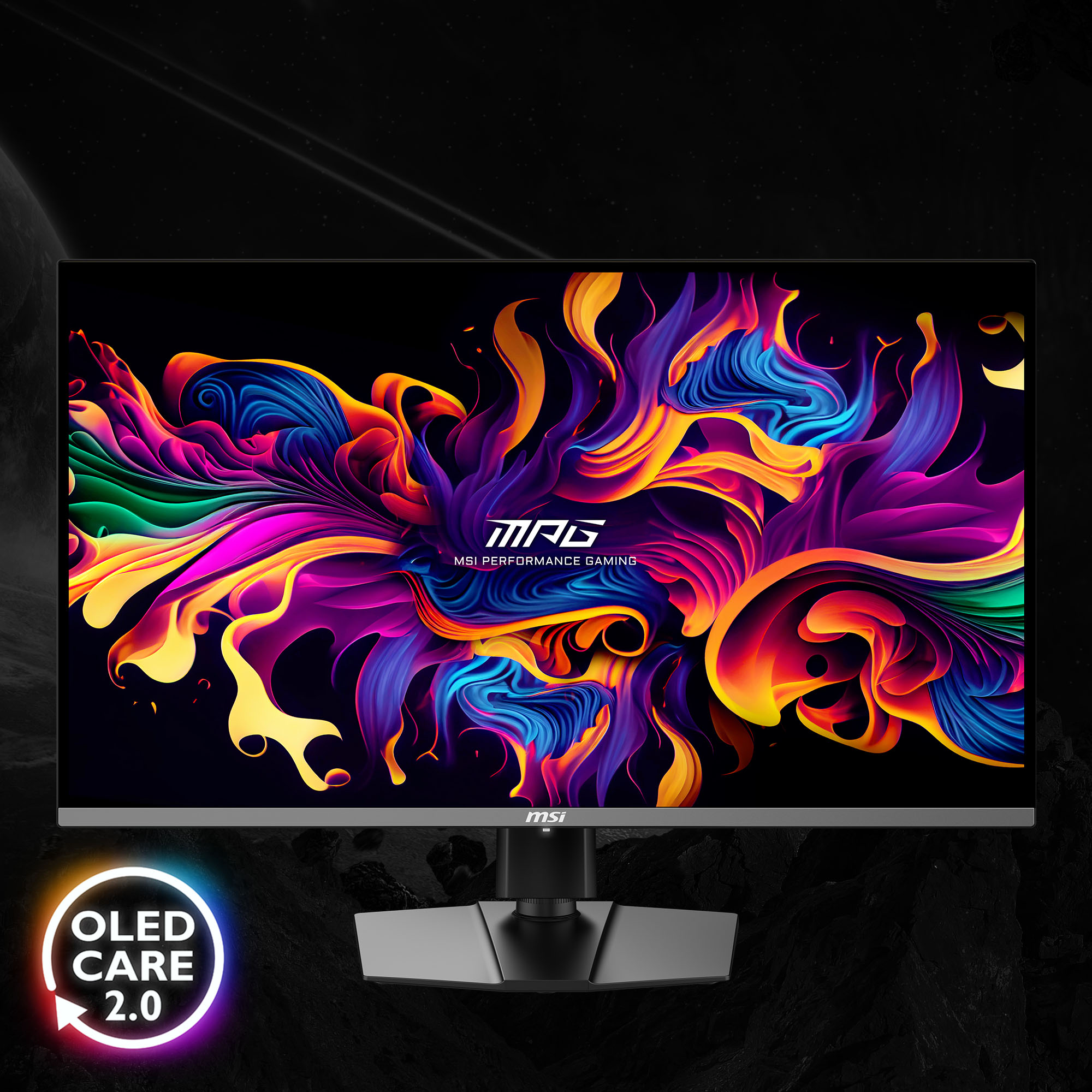 MSI Gaming-Monitor mit farbenfrohem, abstraktem Bild auf dem Bildschirm.