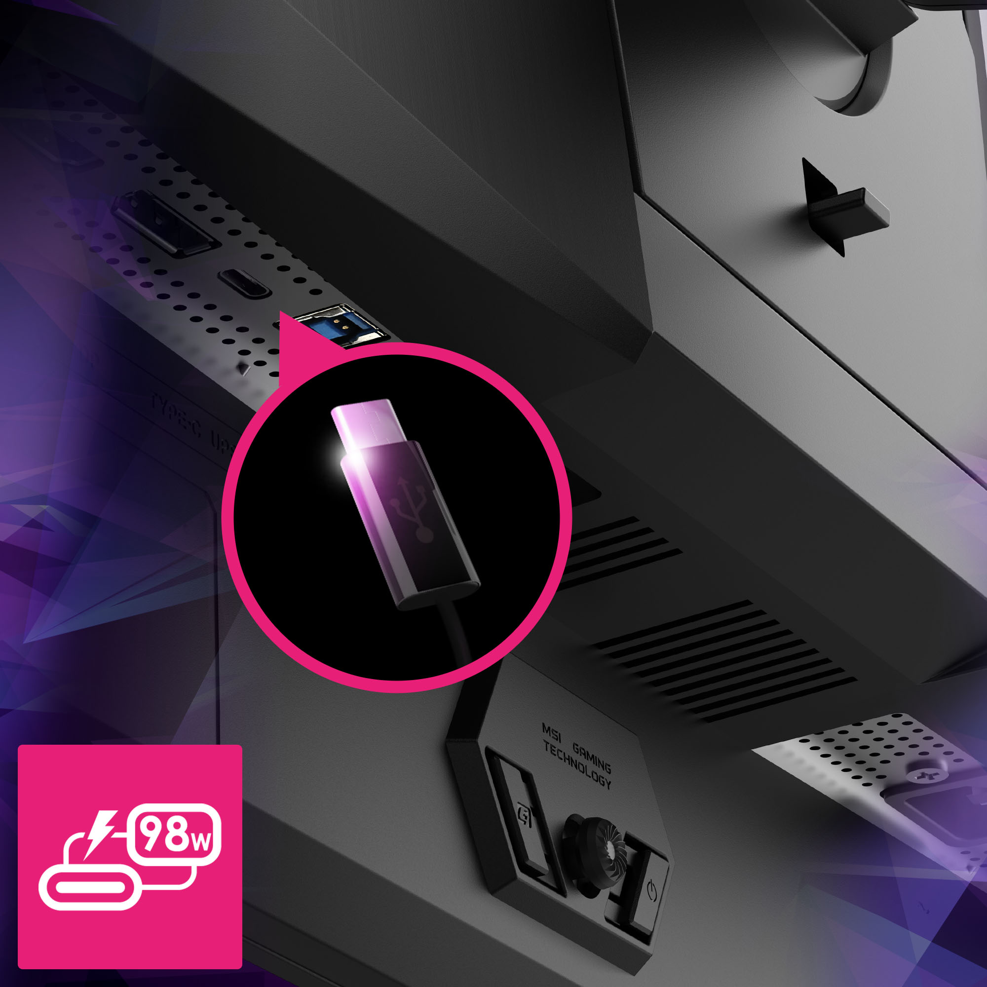 Nahaufnahme eines Computers mit einem USB-C-Anschluss und einem Stromsymbol.