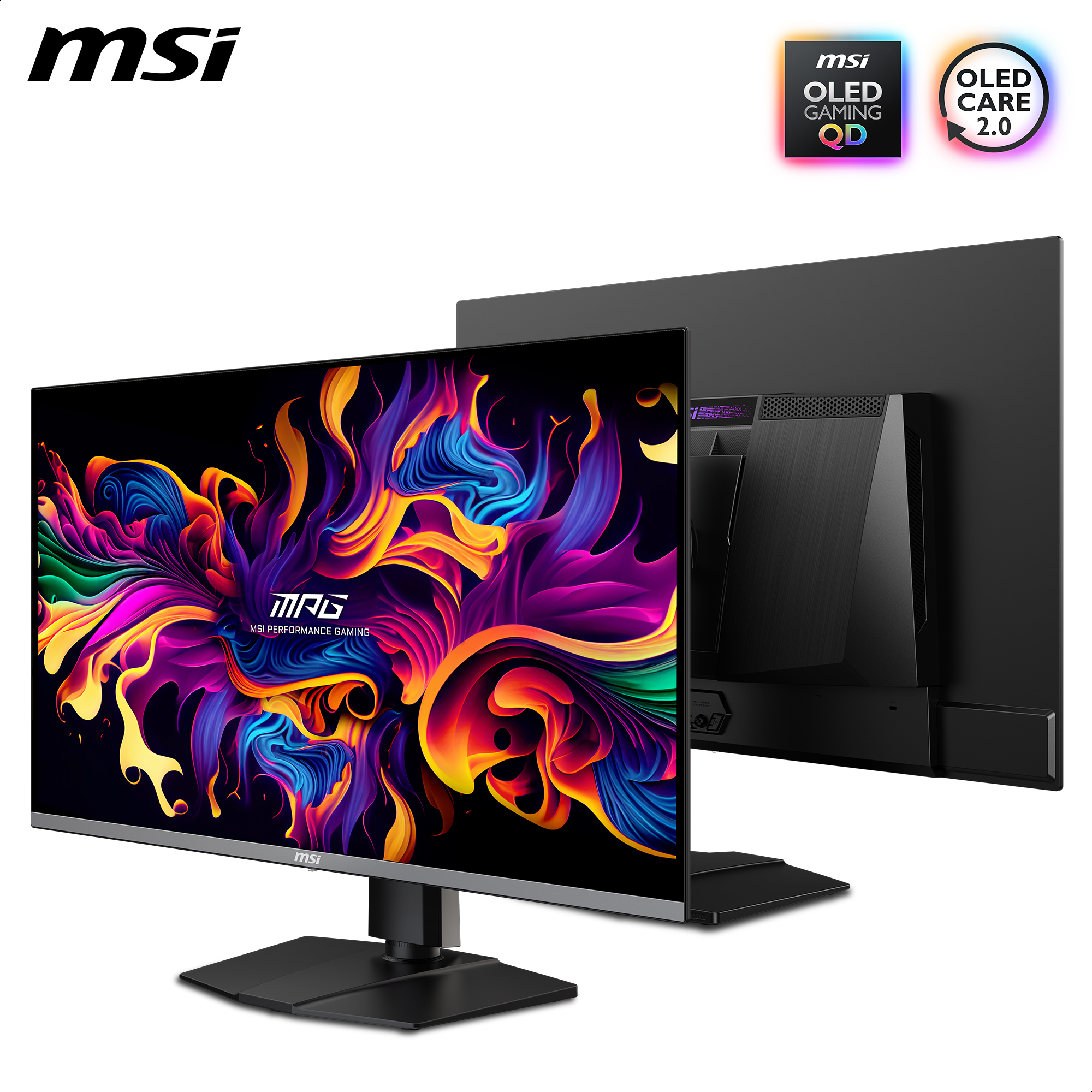 MSI Gaming-Monitor, der eine lebendige Kunstausstellung zeigt, mit der Rückseite des Monitors sichtbar.