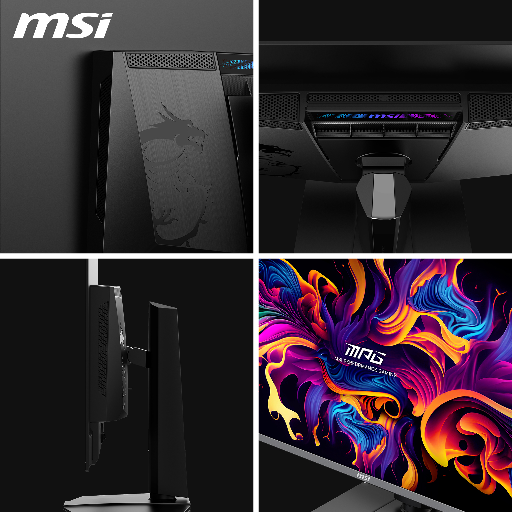 Mehrere Ansichten eines Gaming-Monitors mit dem MSI-Logo und farbenfrohen Grafiken.