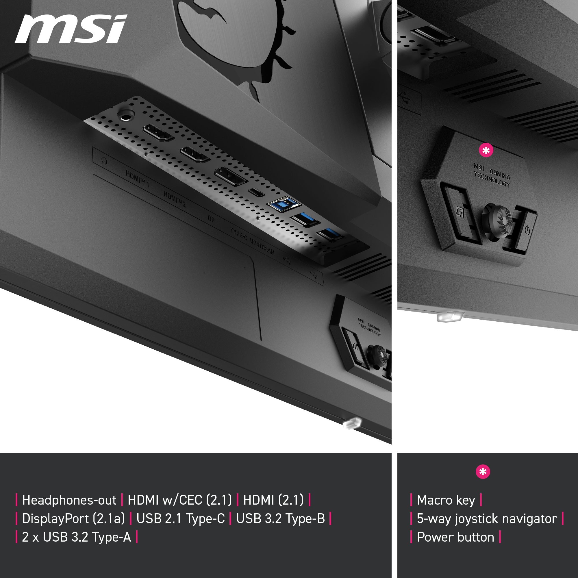 Nahaufnahme der Rückseite eines Gaming-Monitors. Anschlüsse, Joystick und Power-Taste sichtbar.
