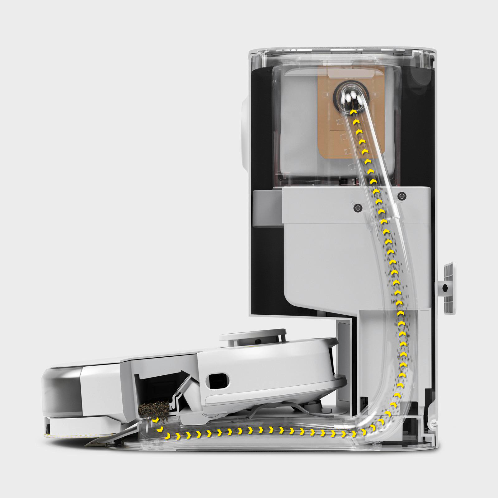 Schnittansicht eines weißen Roboter-Staubsaugers mit einem transparenten Rohr.