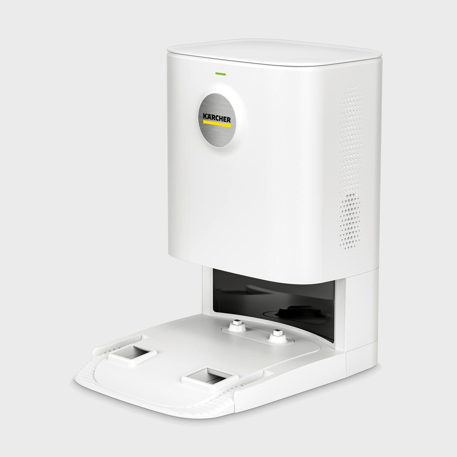 Weißer Kärcher-Robot-Staubsauger mit der Basis.