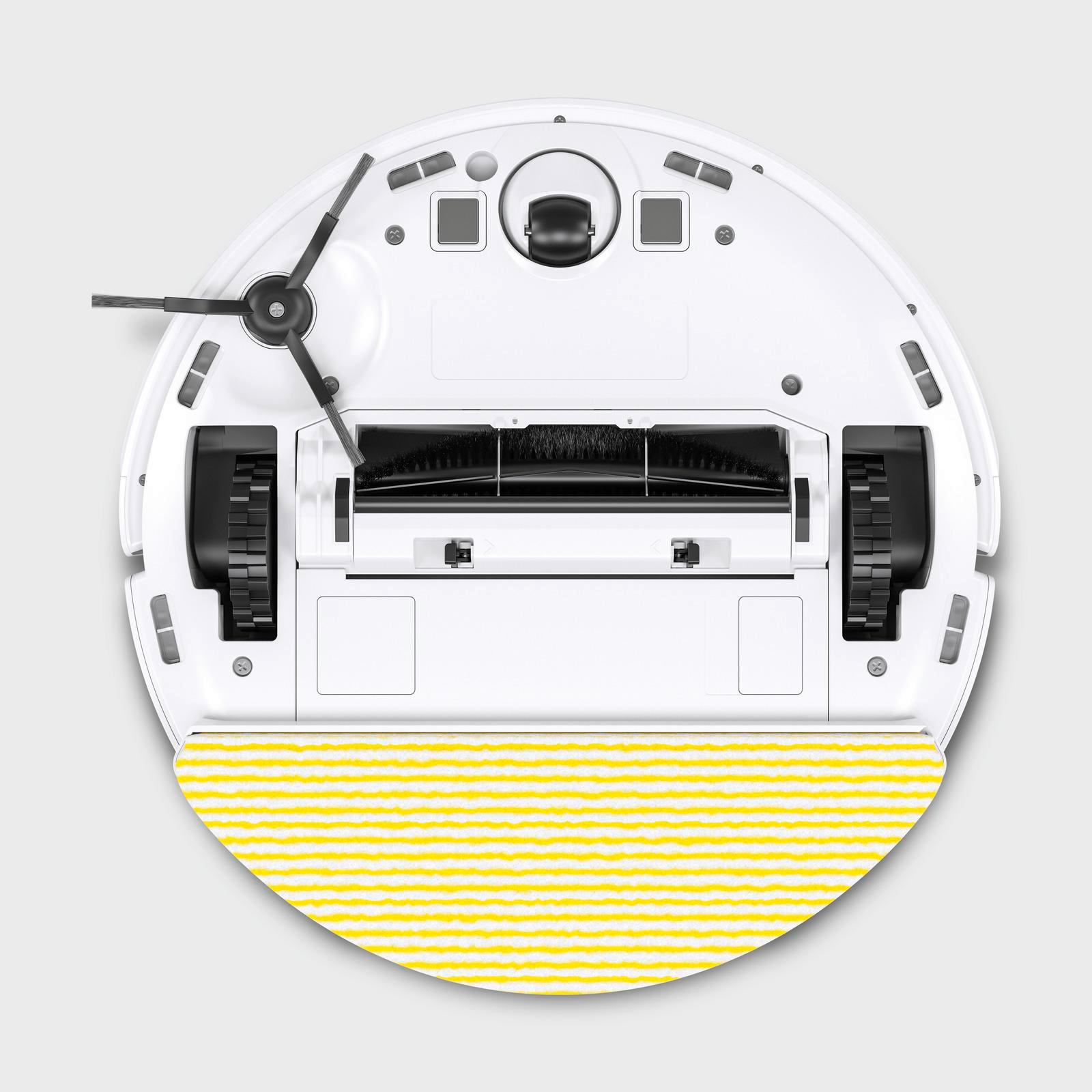 Roboter-Staubsauger von unten mit gelbem Reinigungspad. Schwarze Bürsten und Räder.