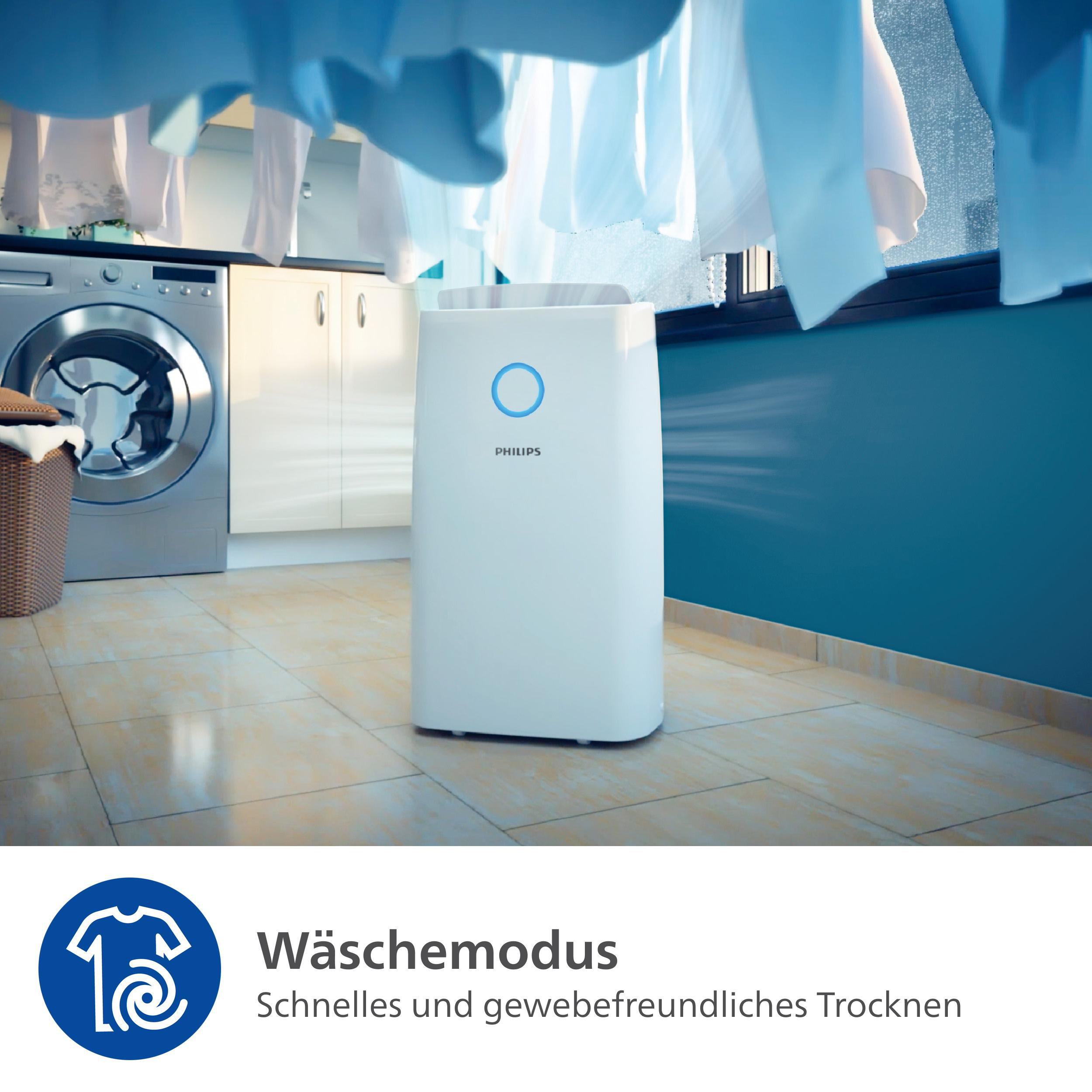 Ein weißer Luftreiniger mit blauem Kreis in einem Waschraum mit hängender Kleidung und einer Waschmaschine.