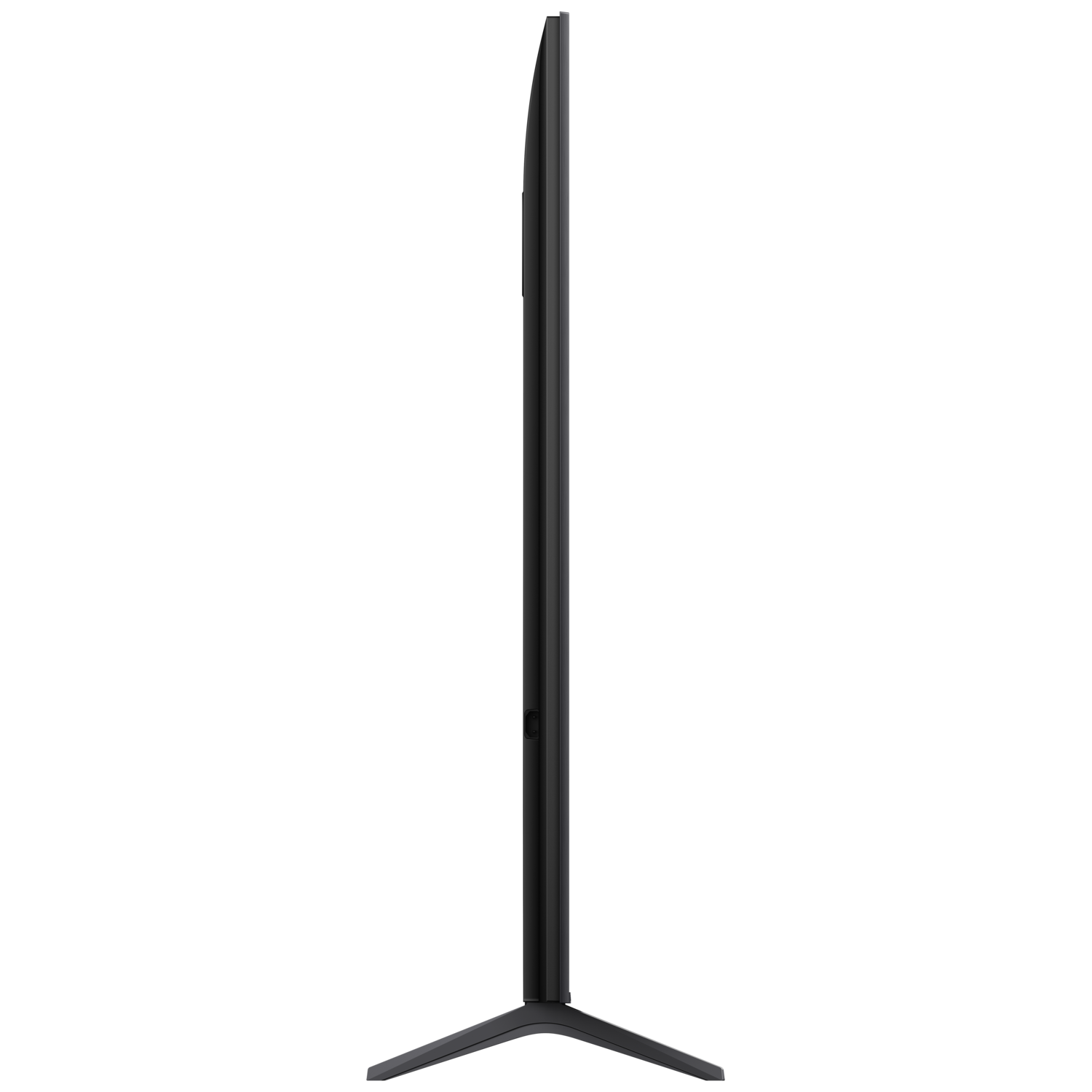 Side view of a black TV. It has a thin frame and a stand. Black background.