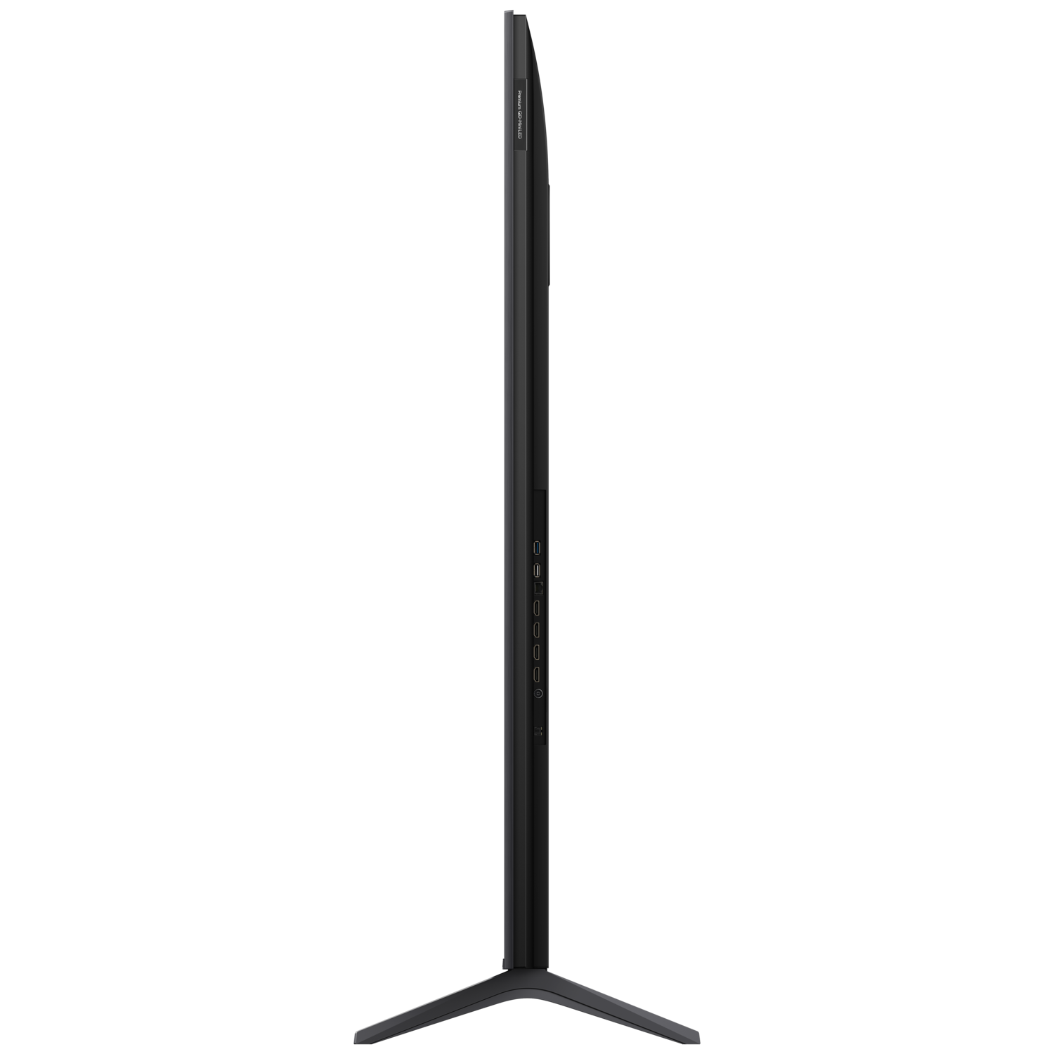 A black TV screen, side view, with ports on the side and a sleek stand.
