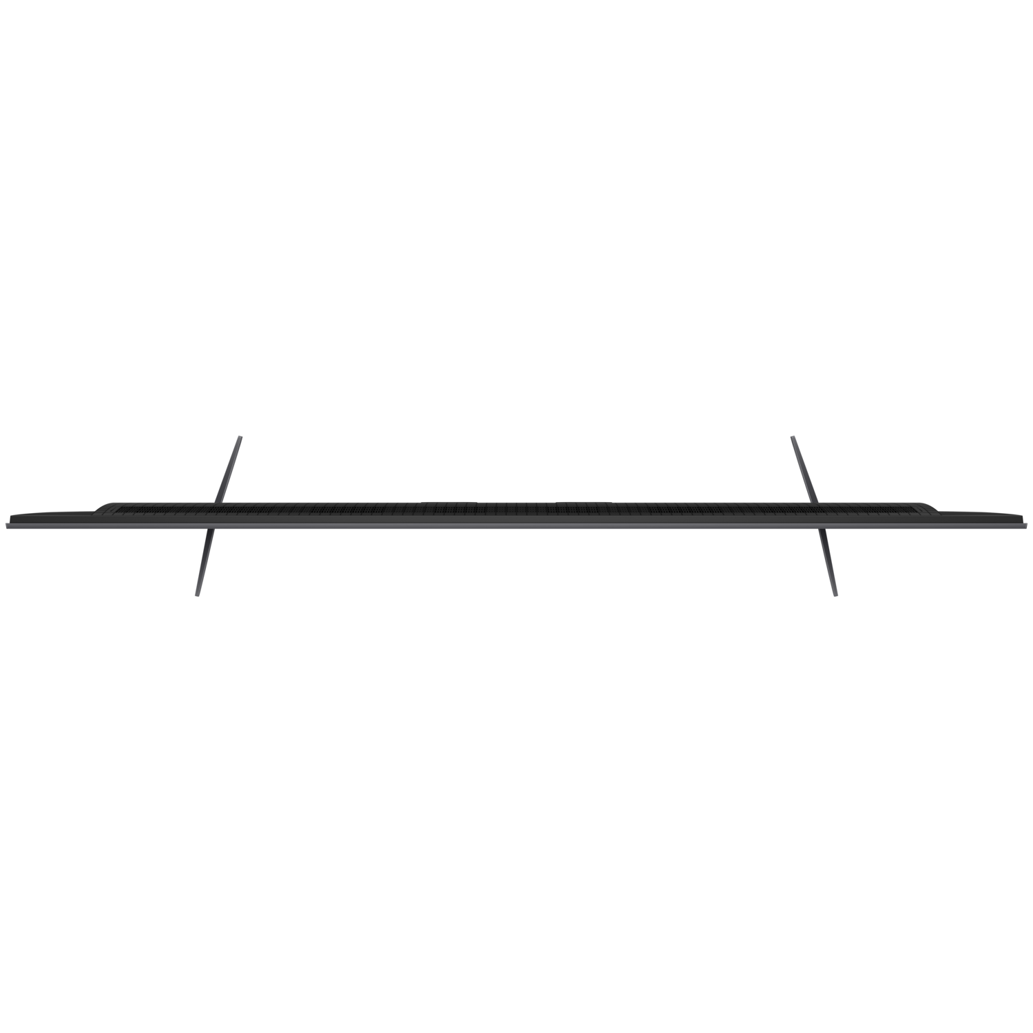 Top view of a black TV with two legs. Black background.