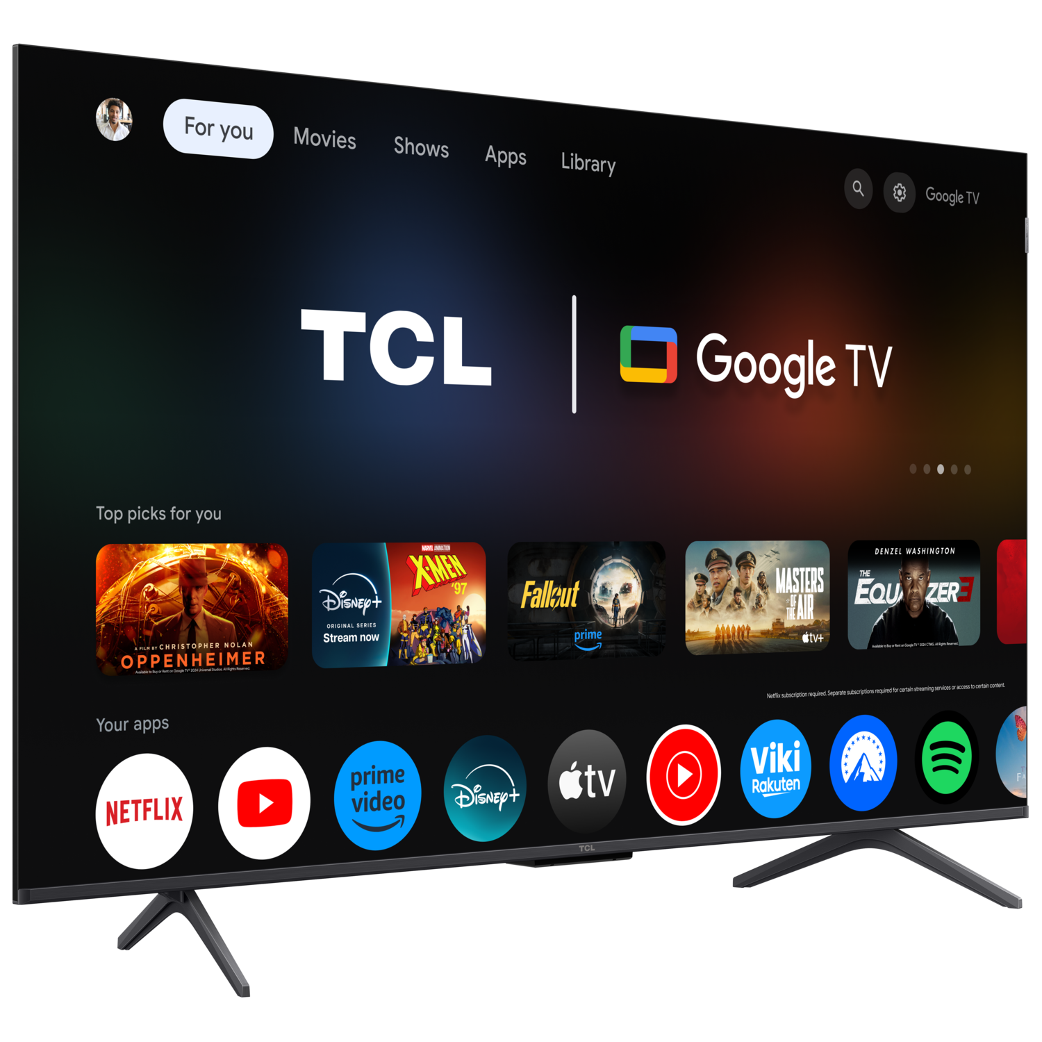 TCL Google TV interface displayed on a large screen TV. Shows apps like Netflix and Disney+.
