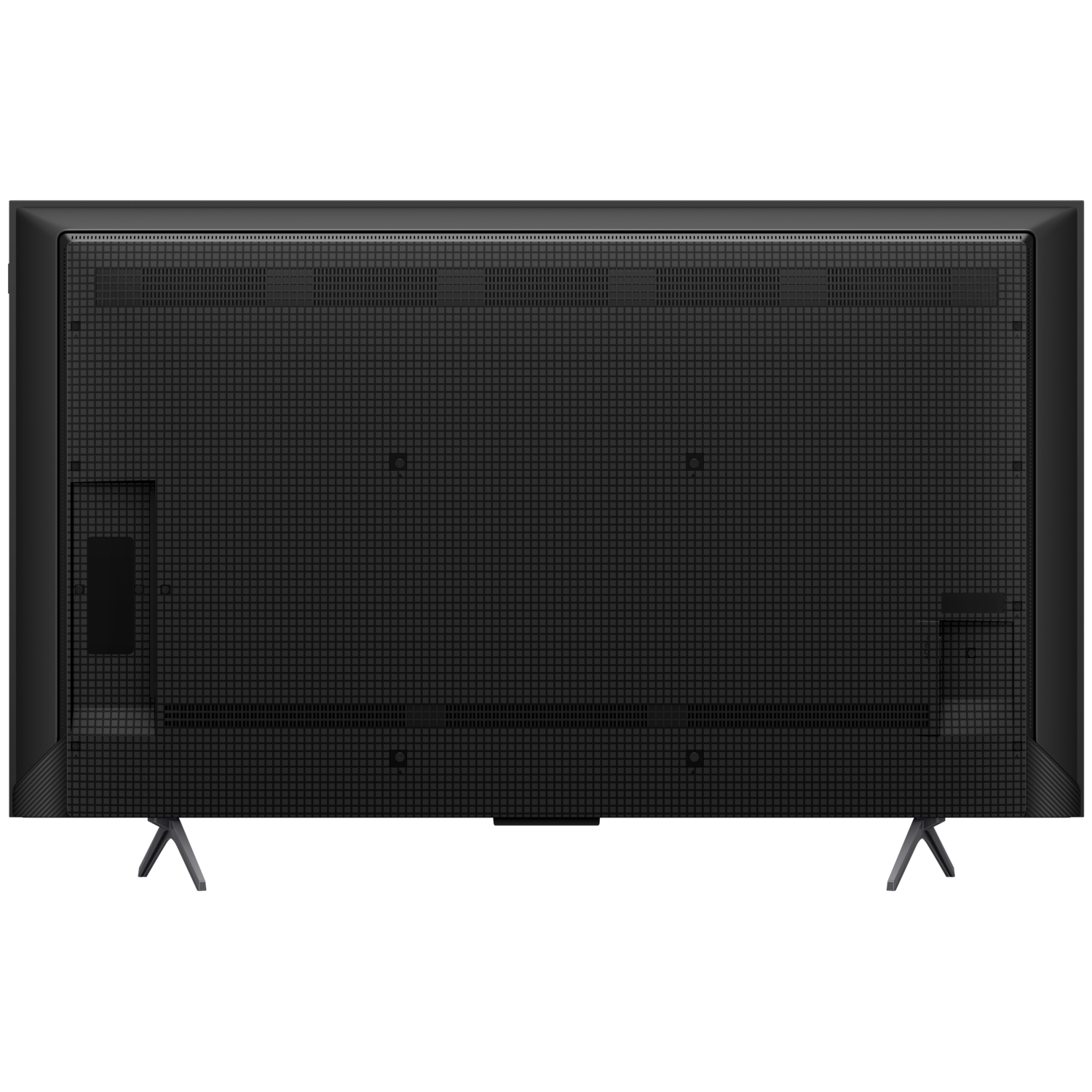 Back view of a black TV with a textured surface and stands. Black background.