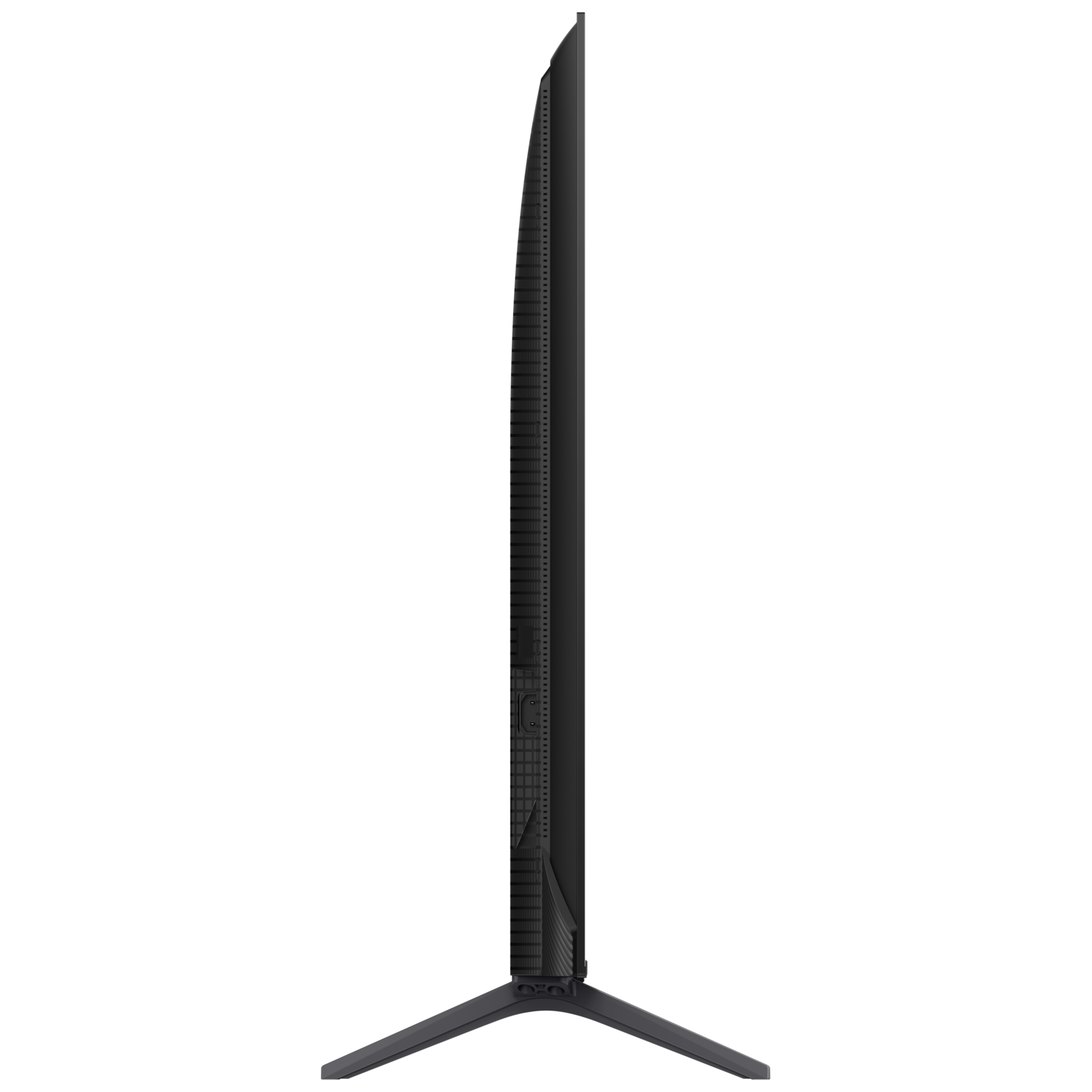 Black TV profile. Thin screen on a stand, black background.