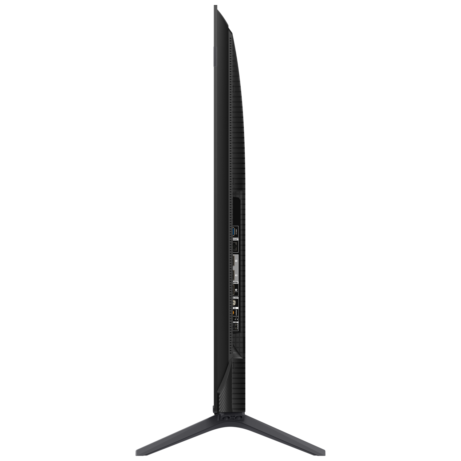 Side view of a black TV, stand and ports.