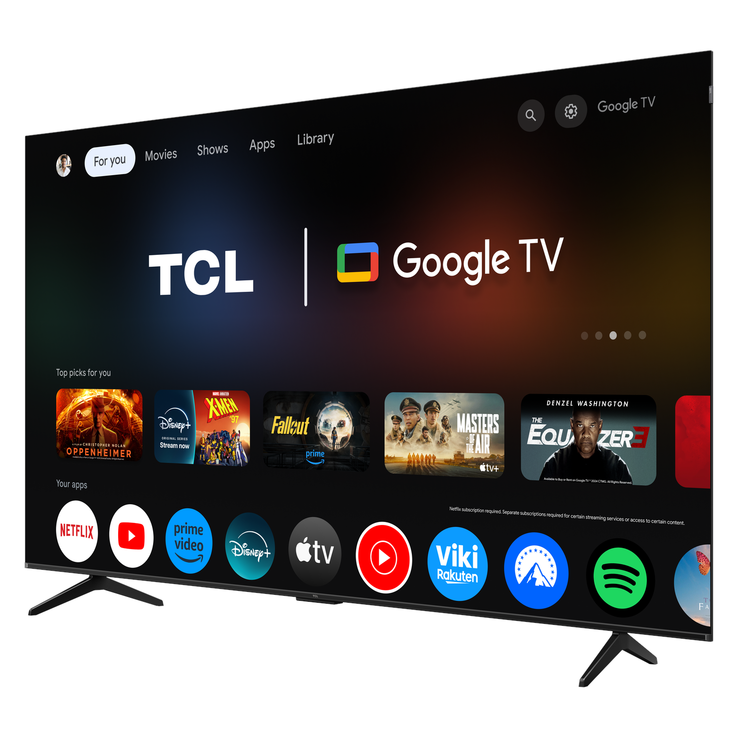 TCL Google TV-scherm met apps en een afstandsbediening.