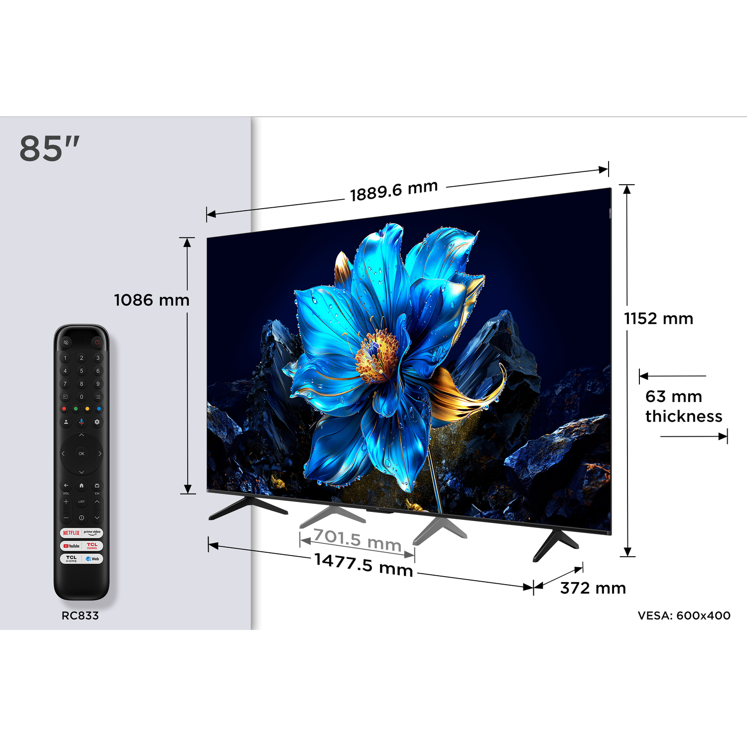 Een 85-inch tv met afstandsbediening en afmetingen.