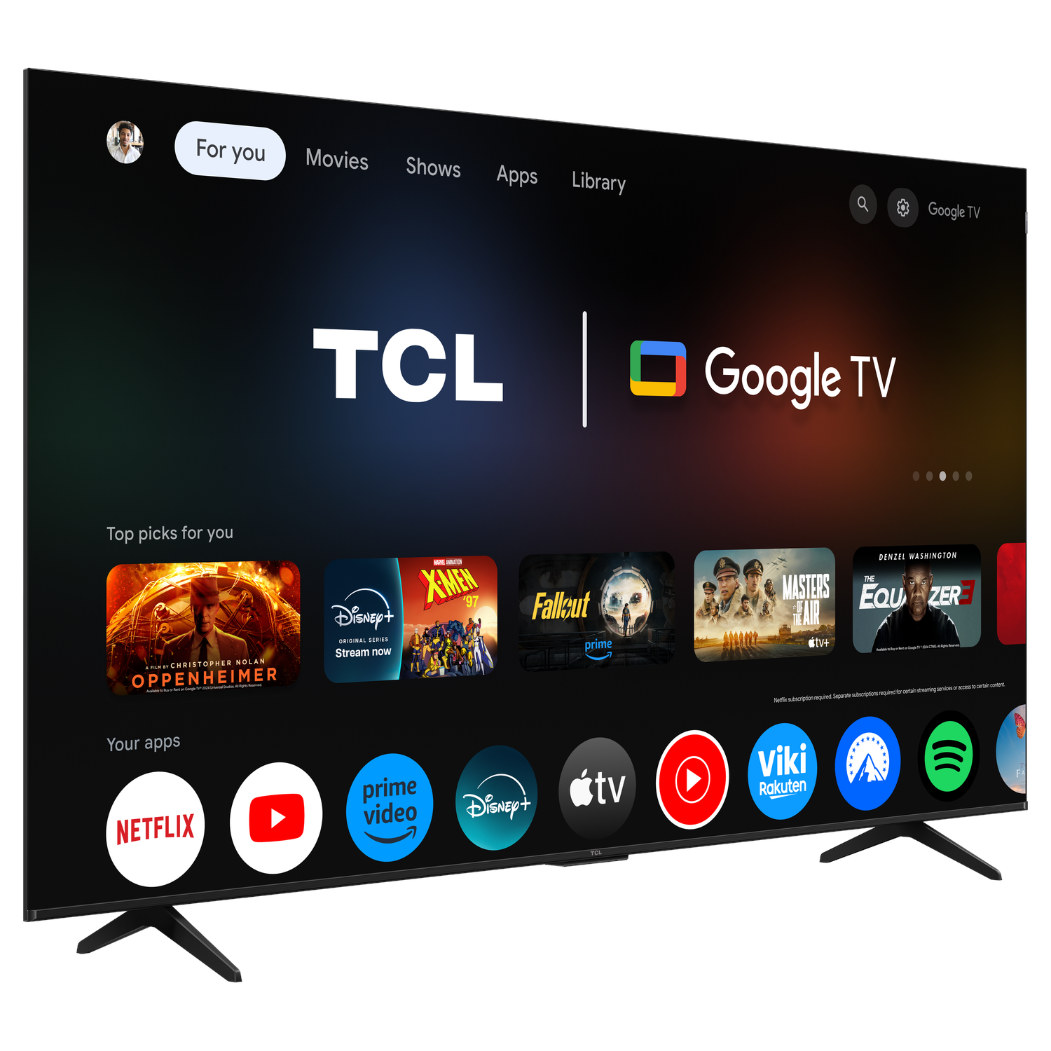 TCL Google TV on a stand with the 'For you' menu and app icons displayed.