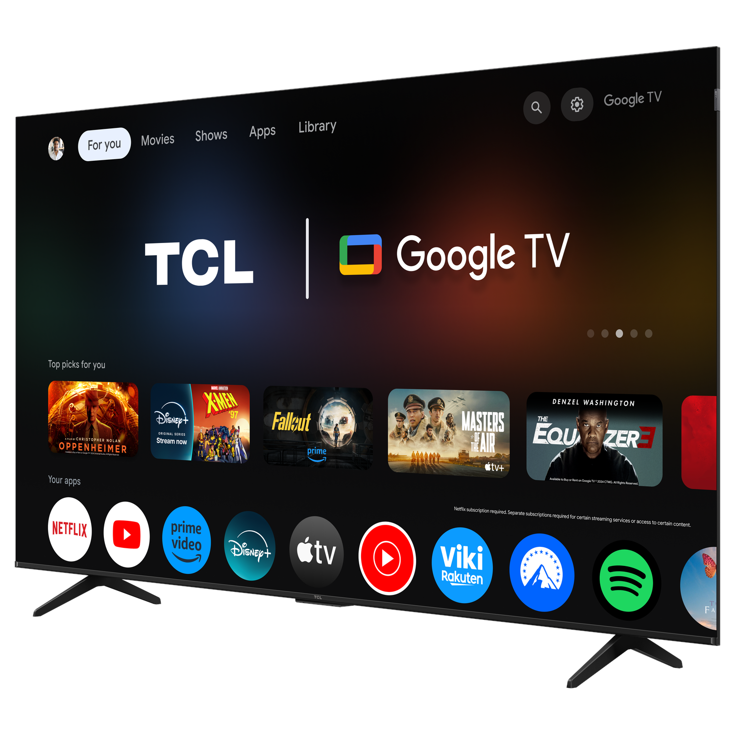A modern TCL Google TV showing a user interface with streaming apps, on a black stand.