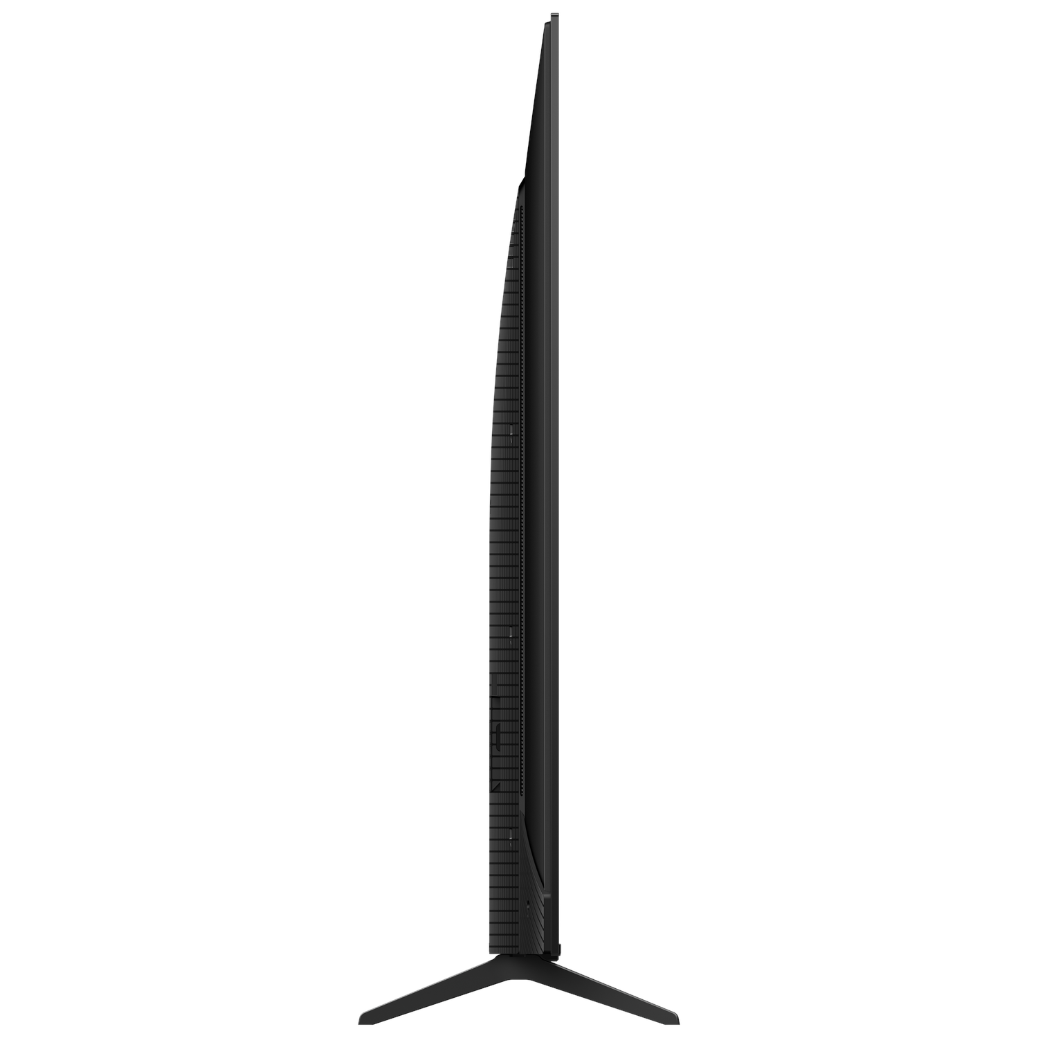 A slim, black TV stands upright. Its side profile is visible against a white background.