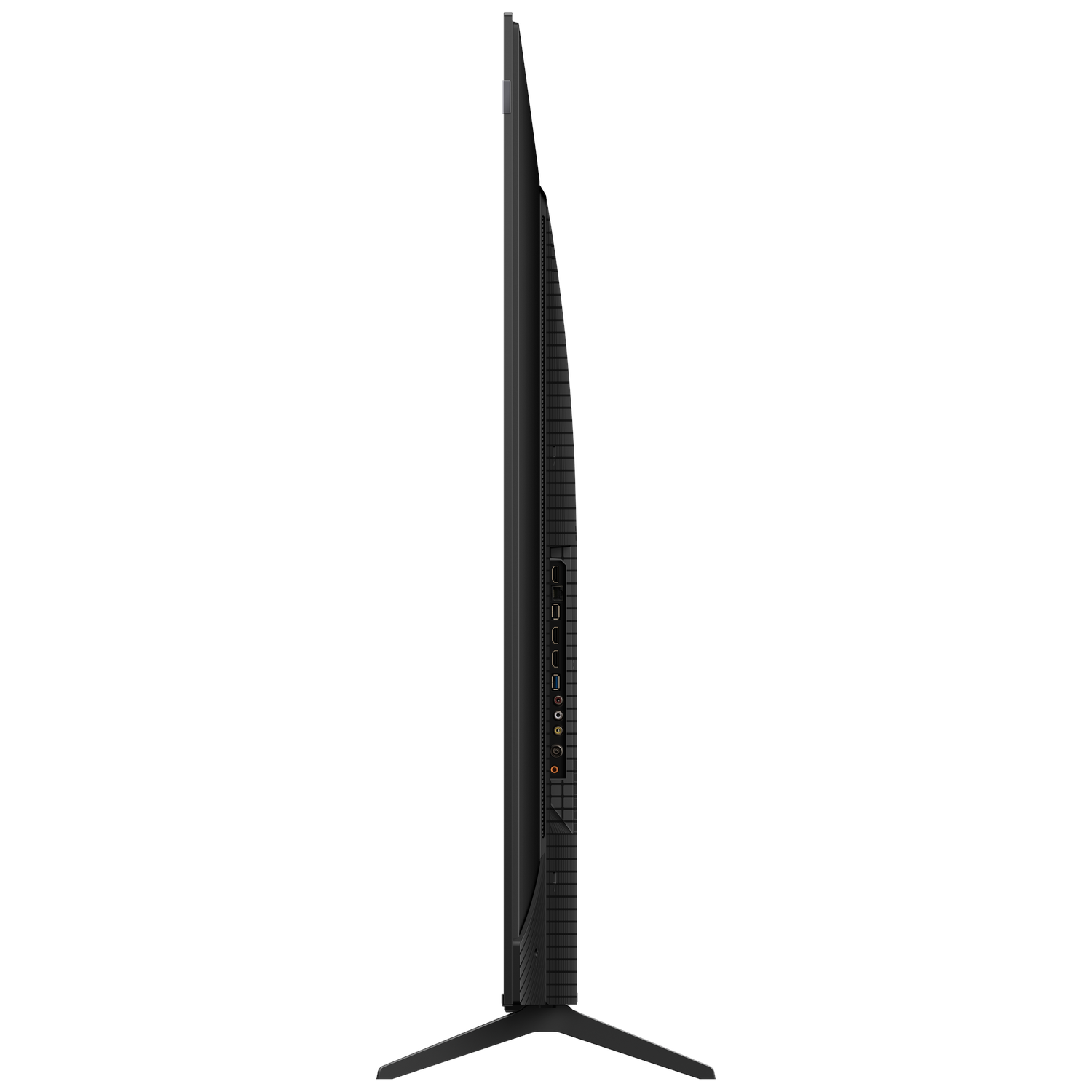 Side view of a black TV. The screen is black and the TV is on a stand.