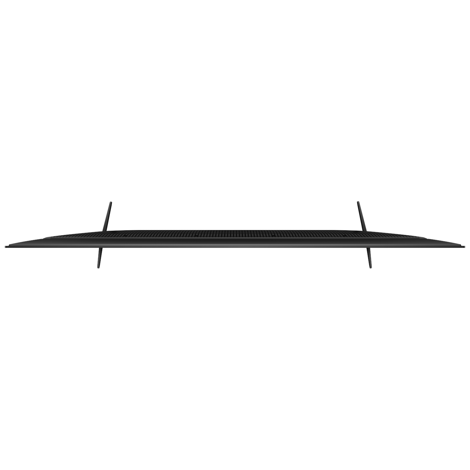 Top view of a black TV with two legs. White background.