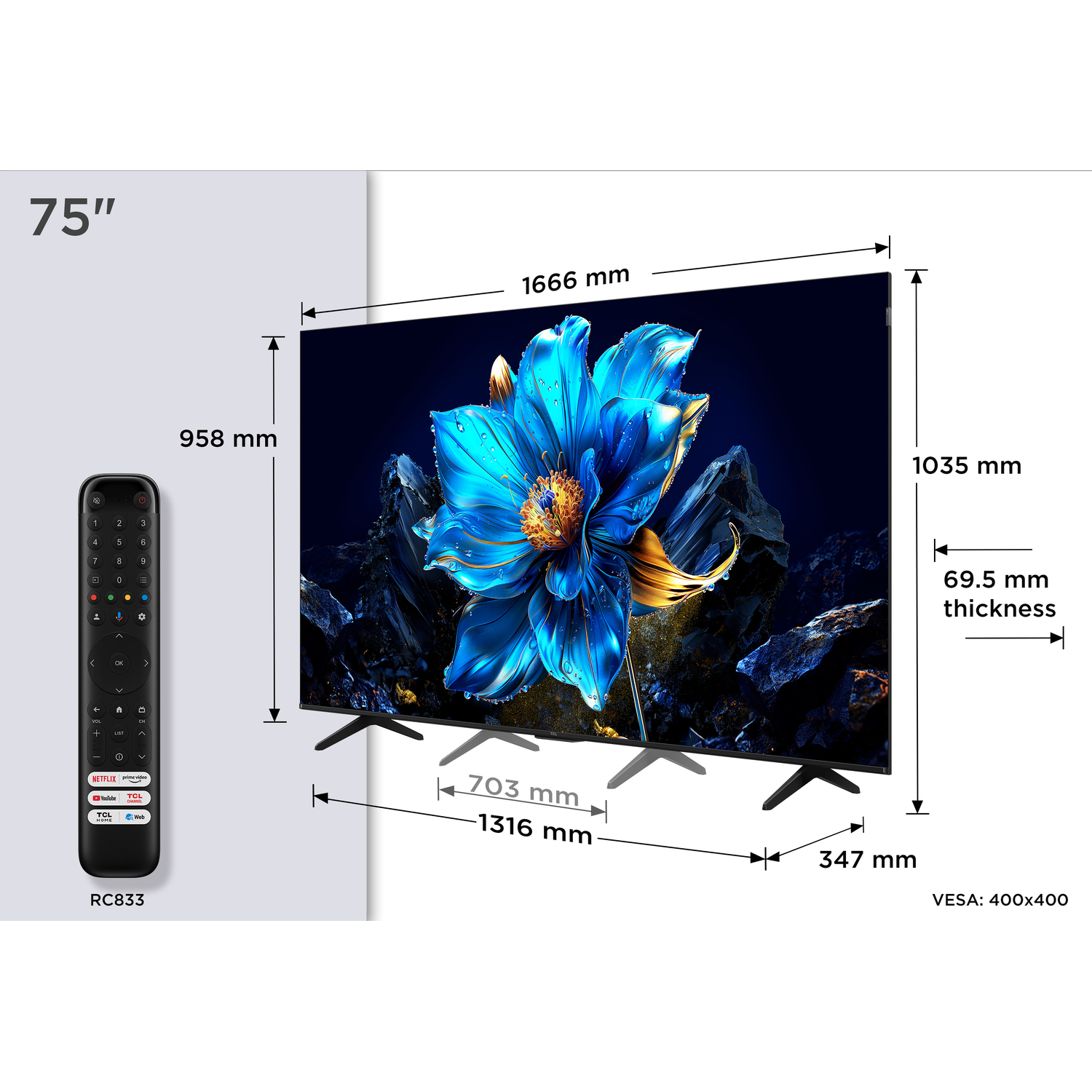 A TV with a blue flower image, remote, and dimensions on a white background.