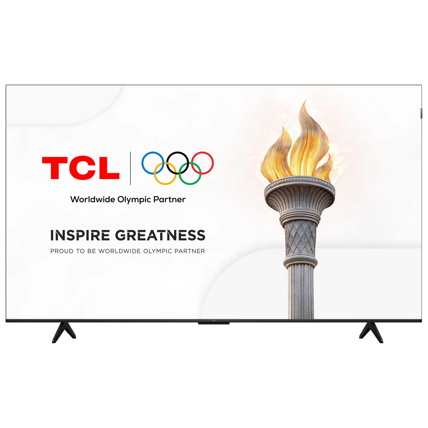 TCL TV displays Olympic rings and torch, promoting 'Inspire Greatness'.
