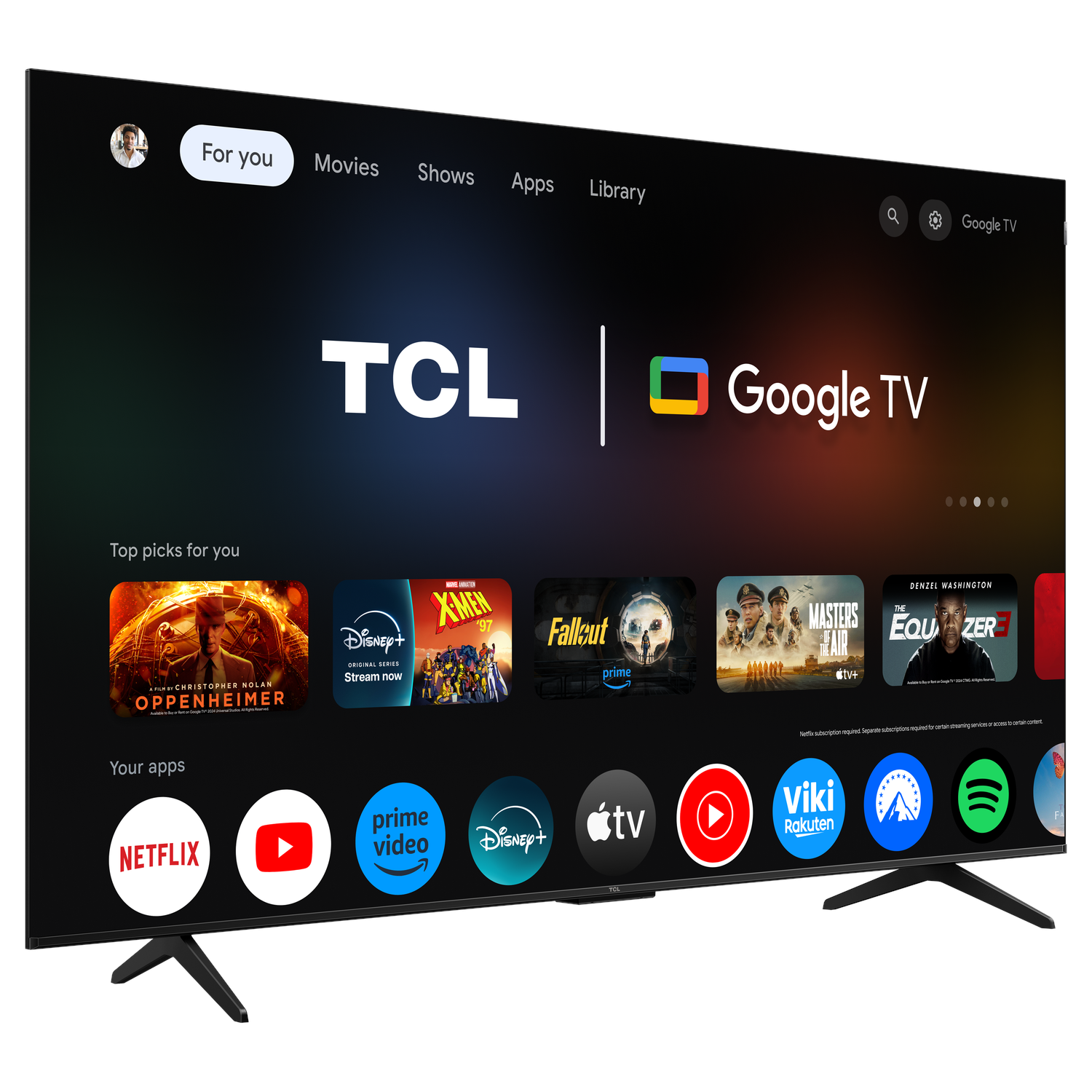 A TCL Google TV screen showing the interface with app icons.