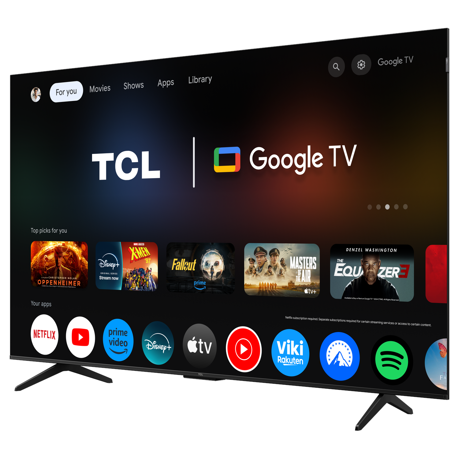 A TCL Google TV displaying streaming apps. The screen shows movie posters and app icons.