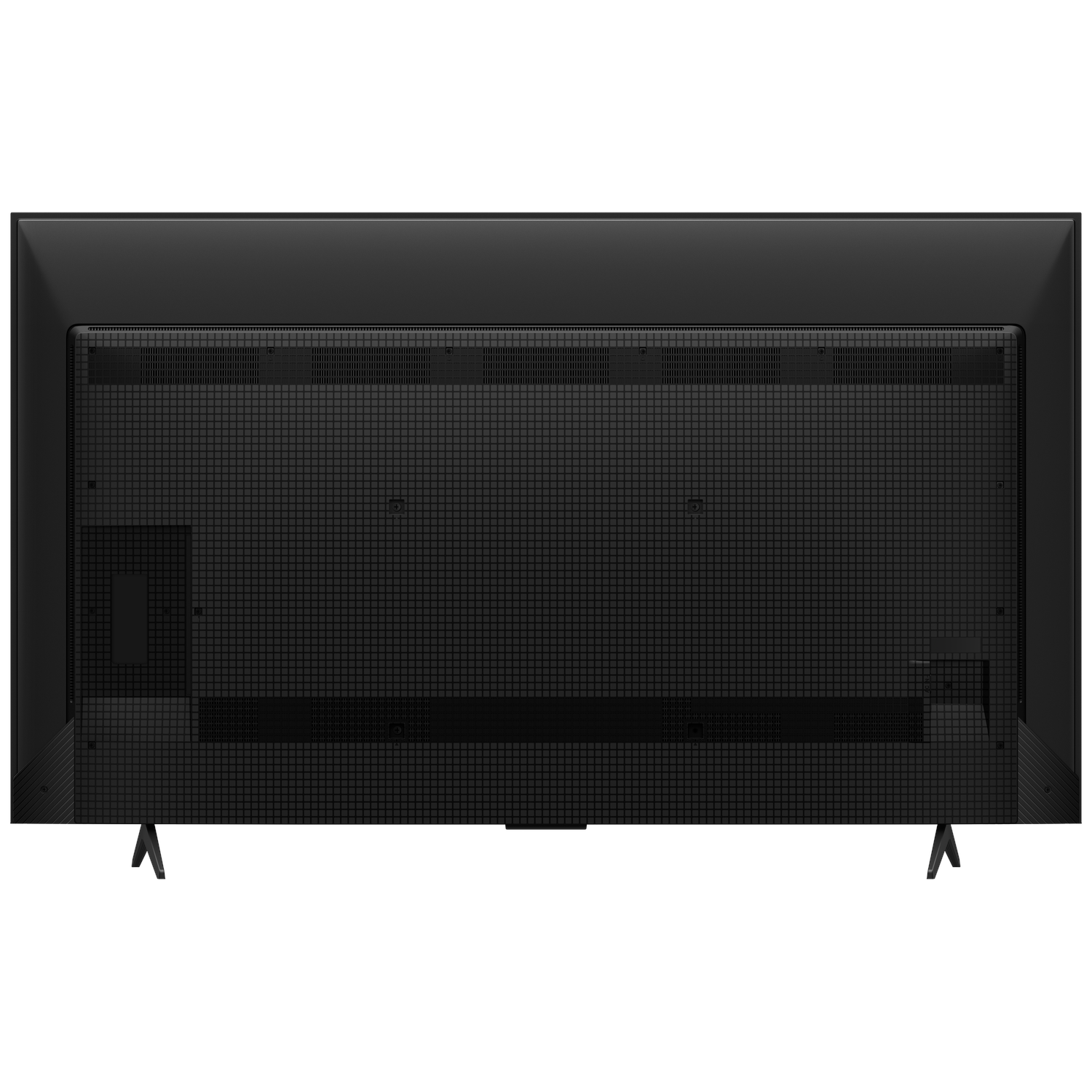 Black TV back with grid pattern, stands, and ports. The back of the TV is black.