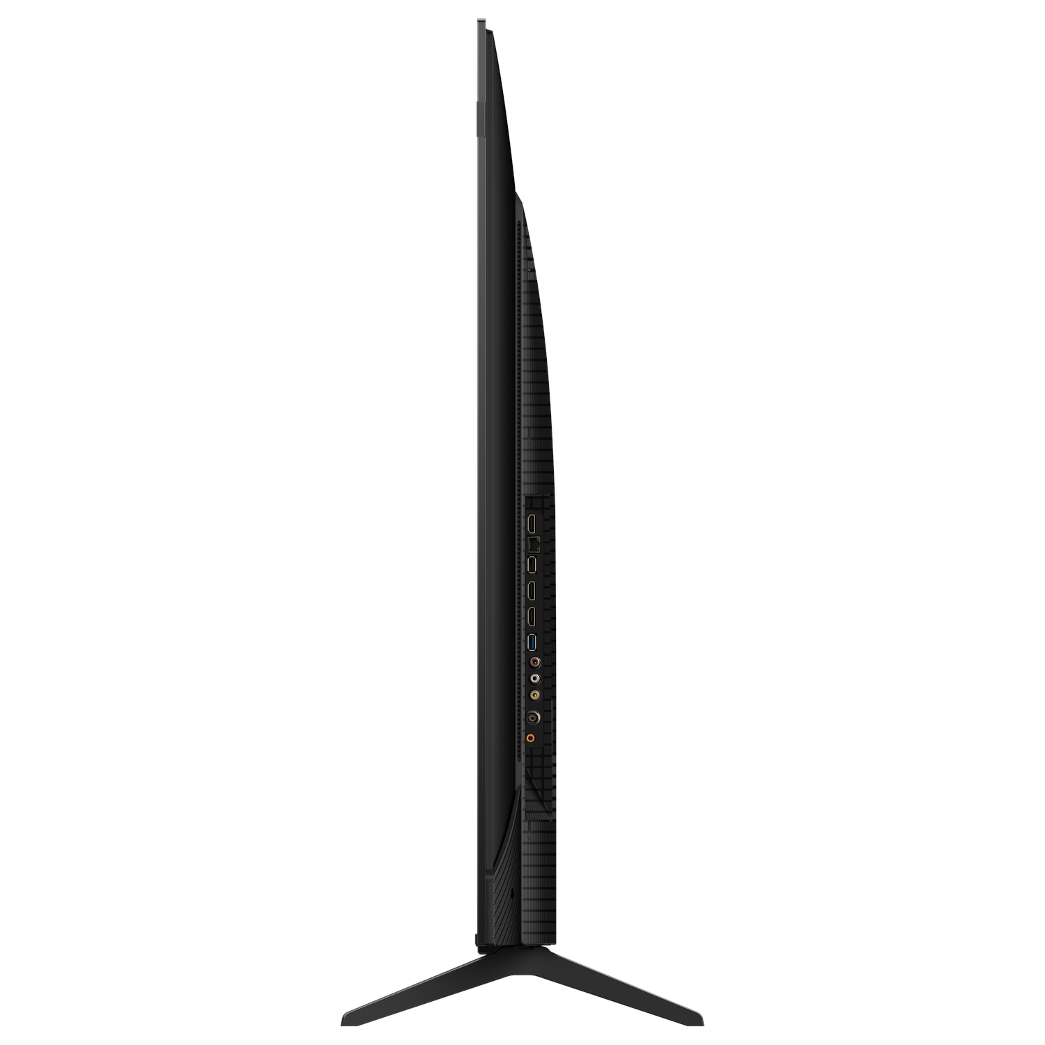 A side view of a black television on a stand, showing ports and the screen's side.