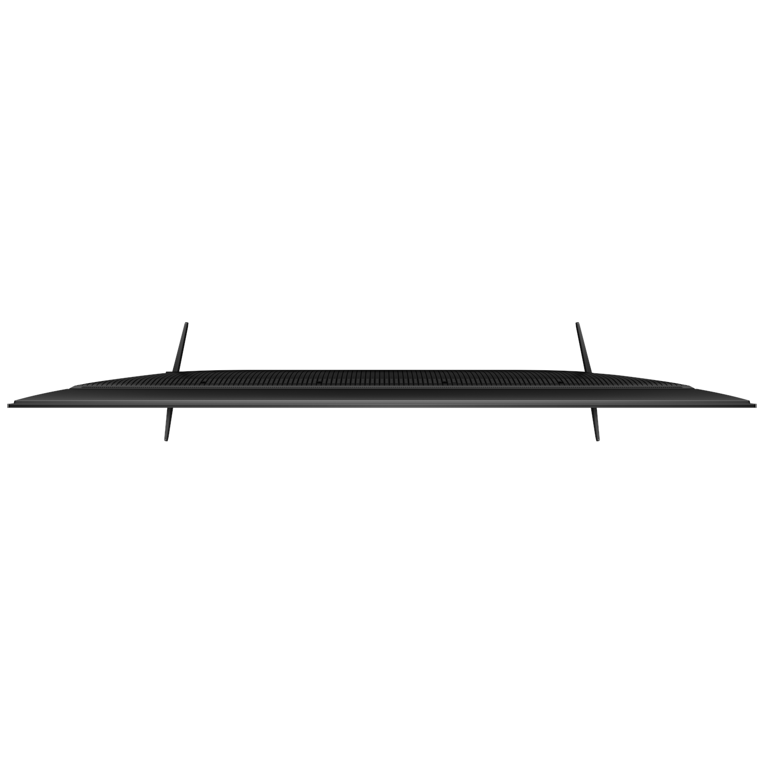Top view of a black TV with legs. Black background.