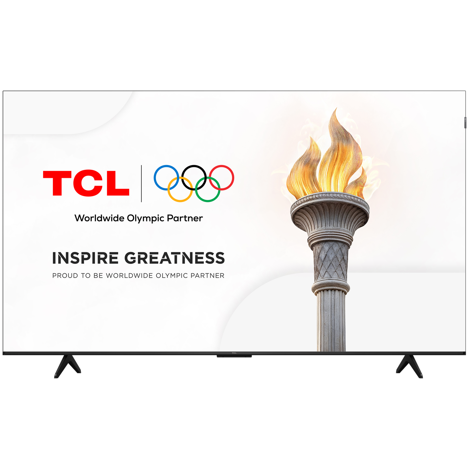 TCL TV with the Olympic rings and the Olympic flame. The text says 'Inspire Greatness'.