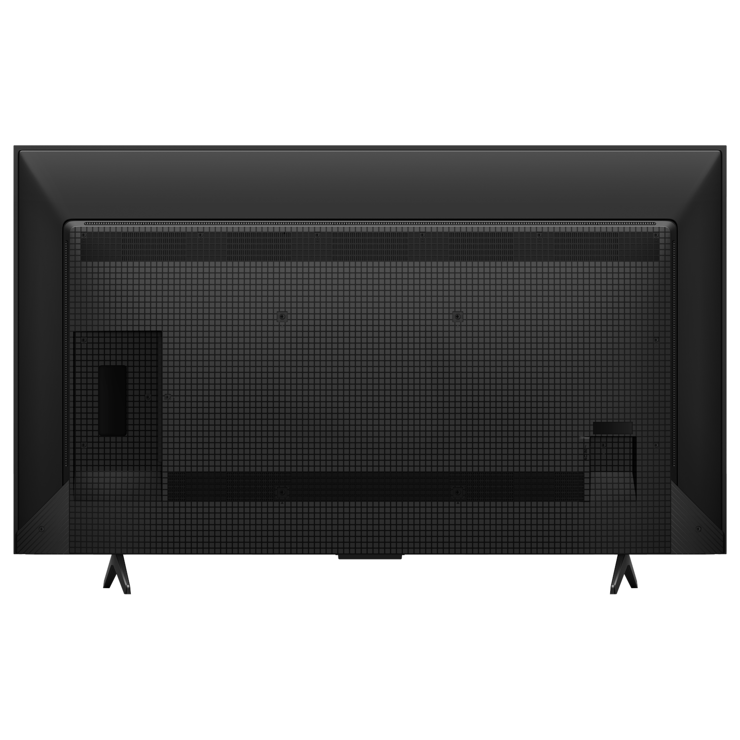 Back view of a black flat-screen TV with grid-like texture. Stands are attached.