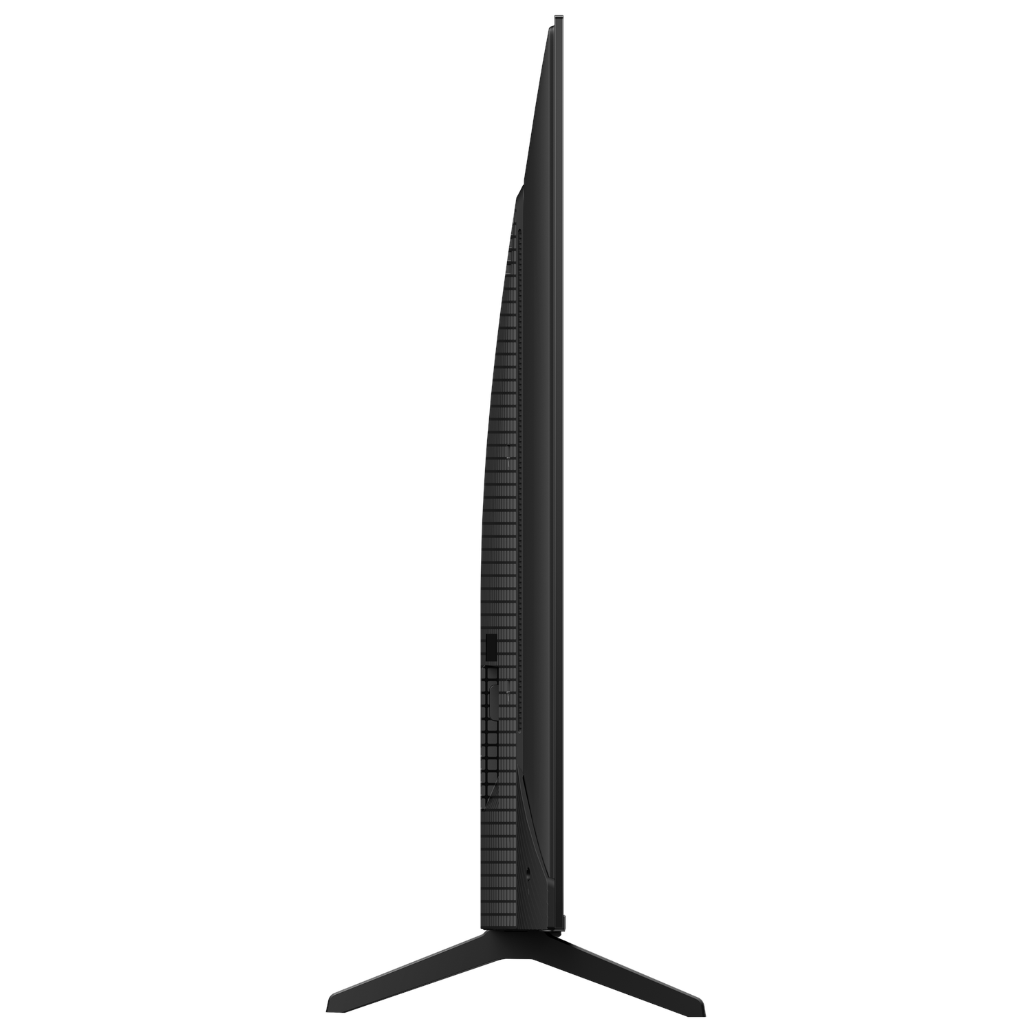 Side view of a black, slim TV on a stand, simple and modern design.