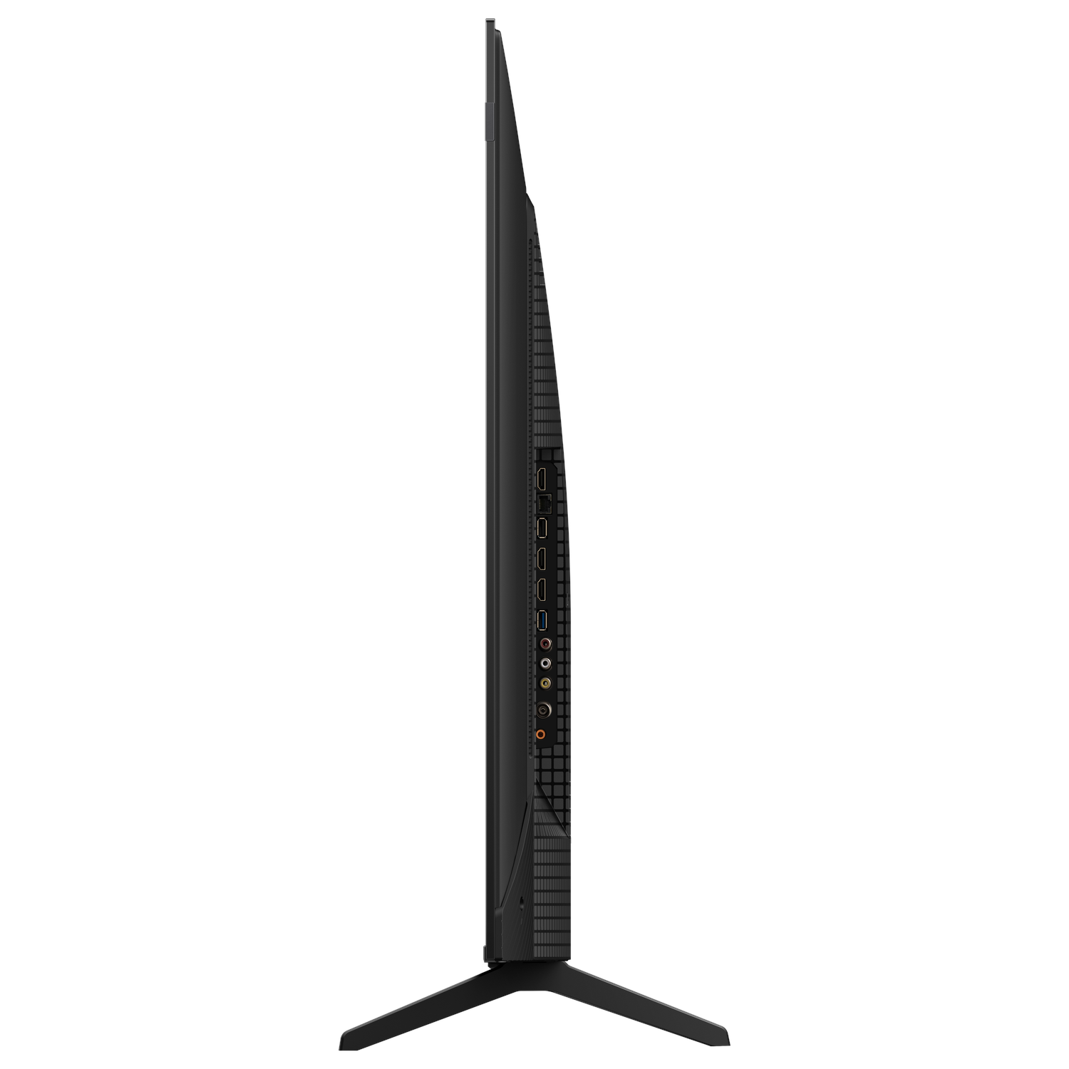 A black TV standing upright, showing the side view with ports and stand on a white background.