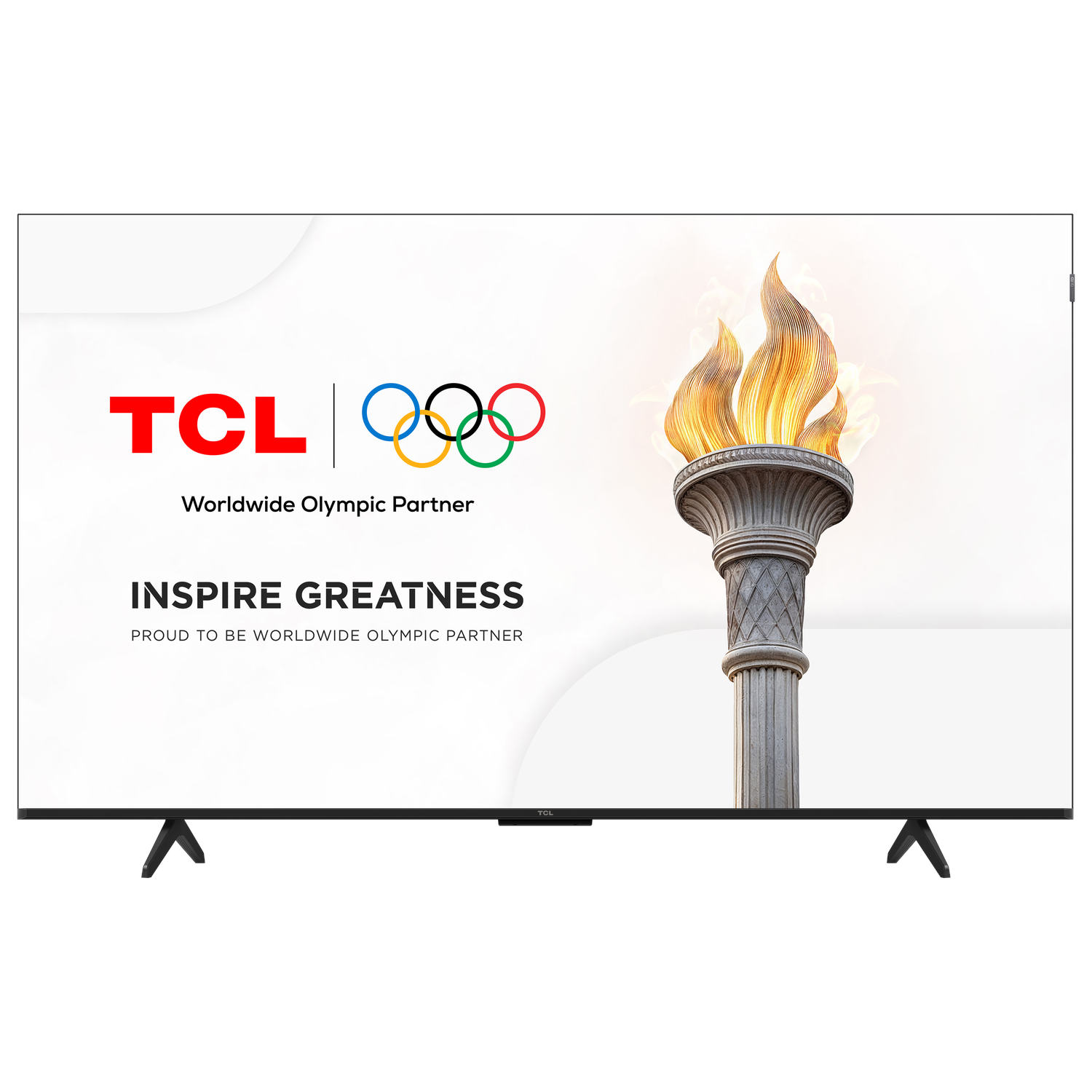 A TV on a stand, with a lit torch and the phrase "Inspire Greatness". The background is white.