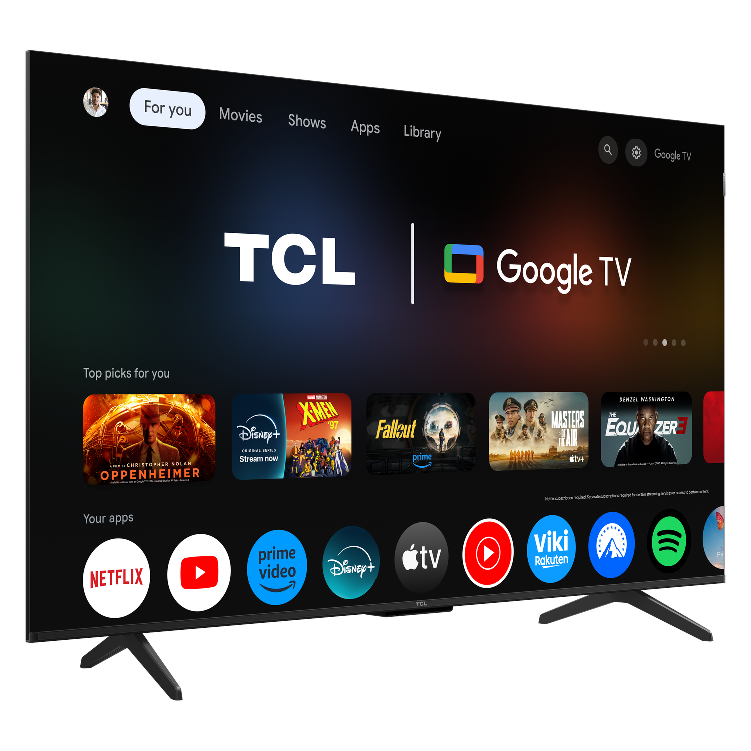 TCL Google TV on a stand with the 'For you' menu and app icons displayed.