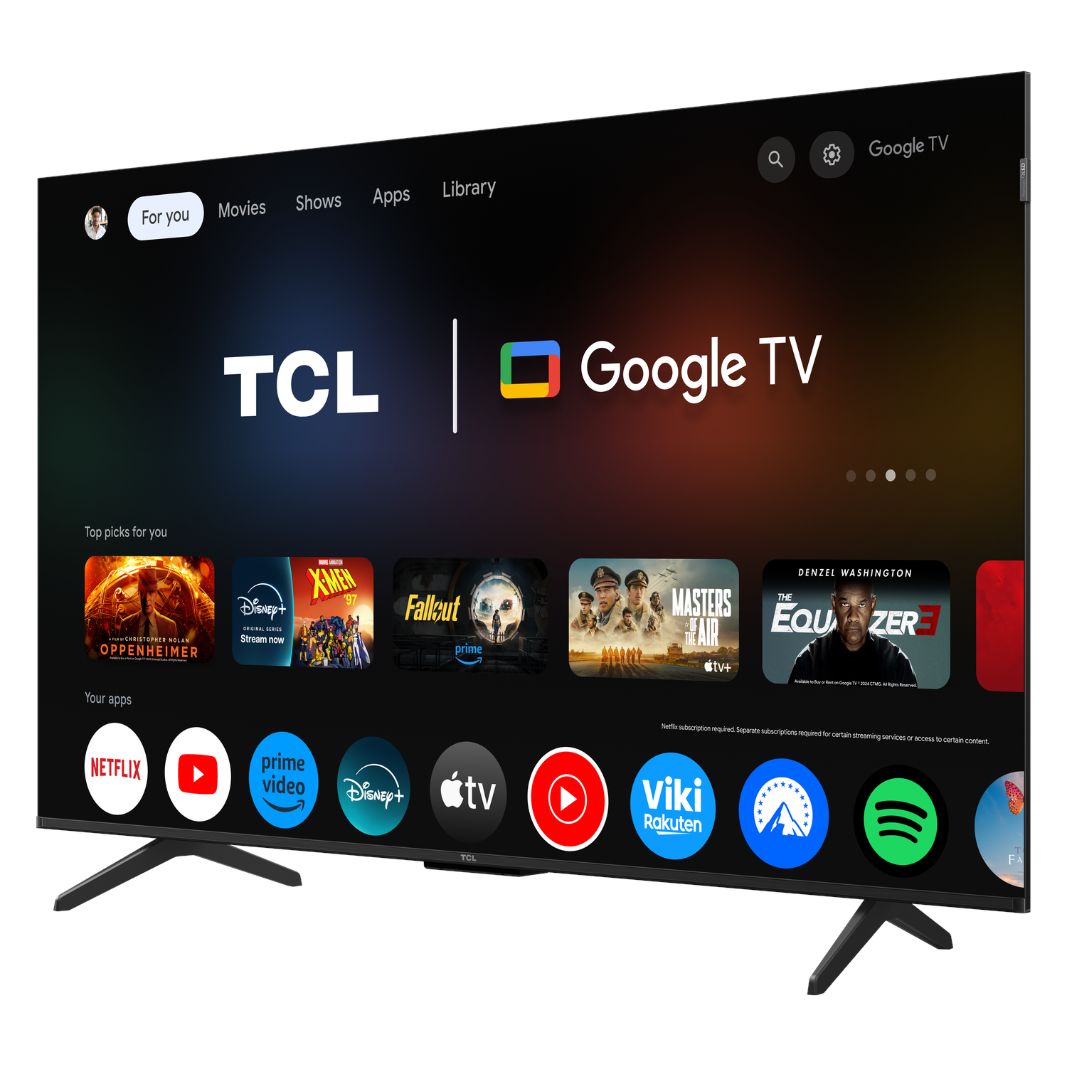 TCL Google TV. Shows apps, library, and movie apps. Black TV with black stand.