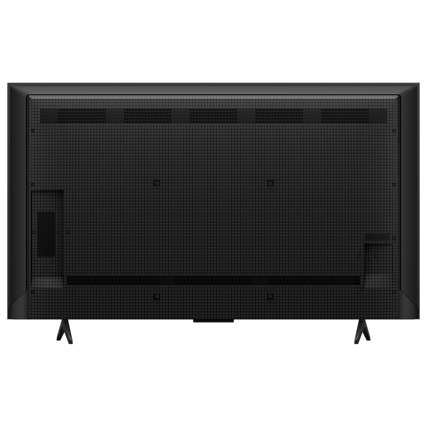 Back view of a black TV with a textured design and support legs.