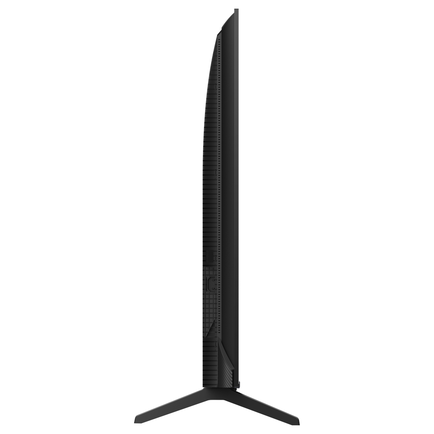 A black TV on a stand, side view, with a textured back and black stand.