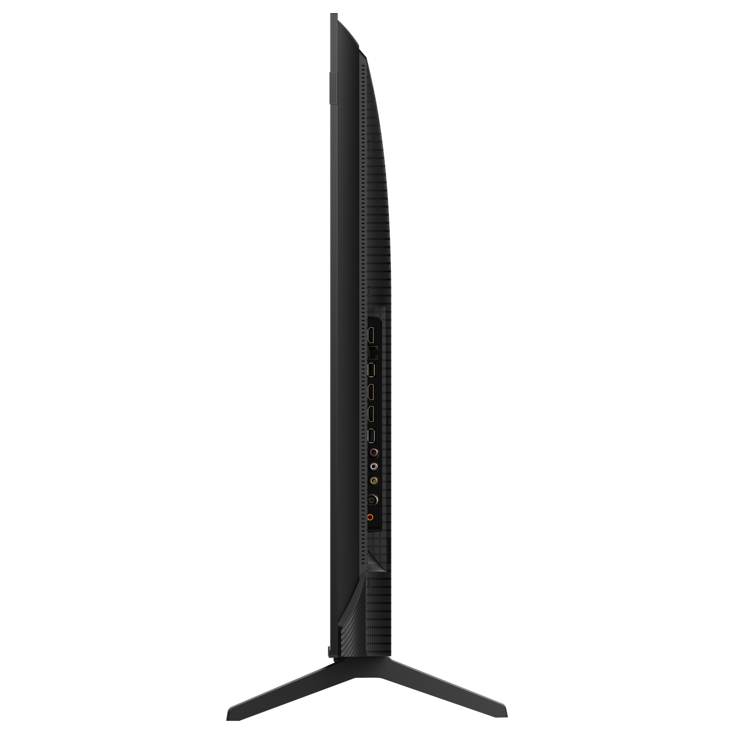 A side view of a black TV. The side reveals ports and a stand. The TV is on a white background.