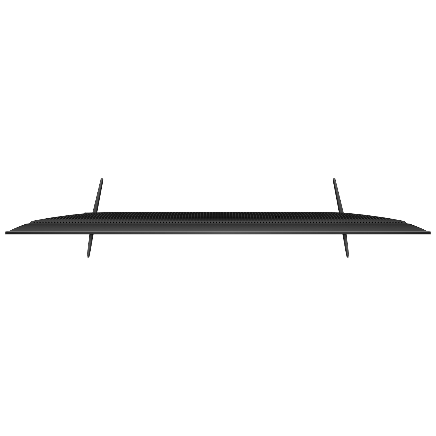 Top view of a black TV with legs. White background.
