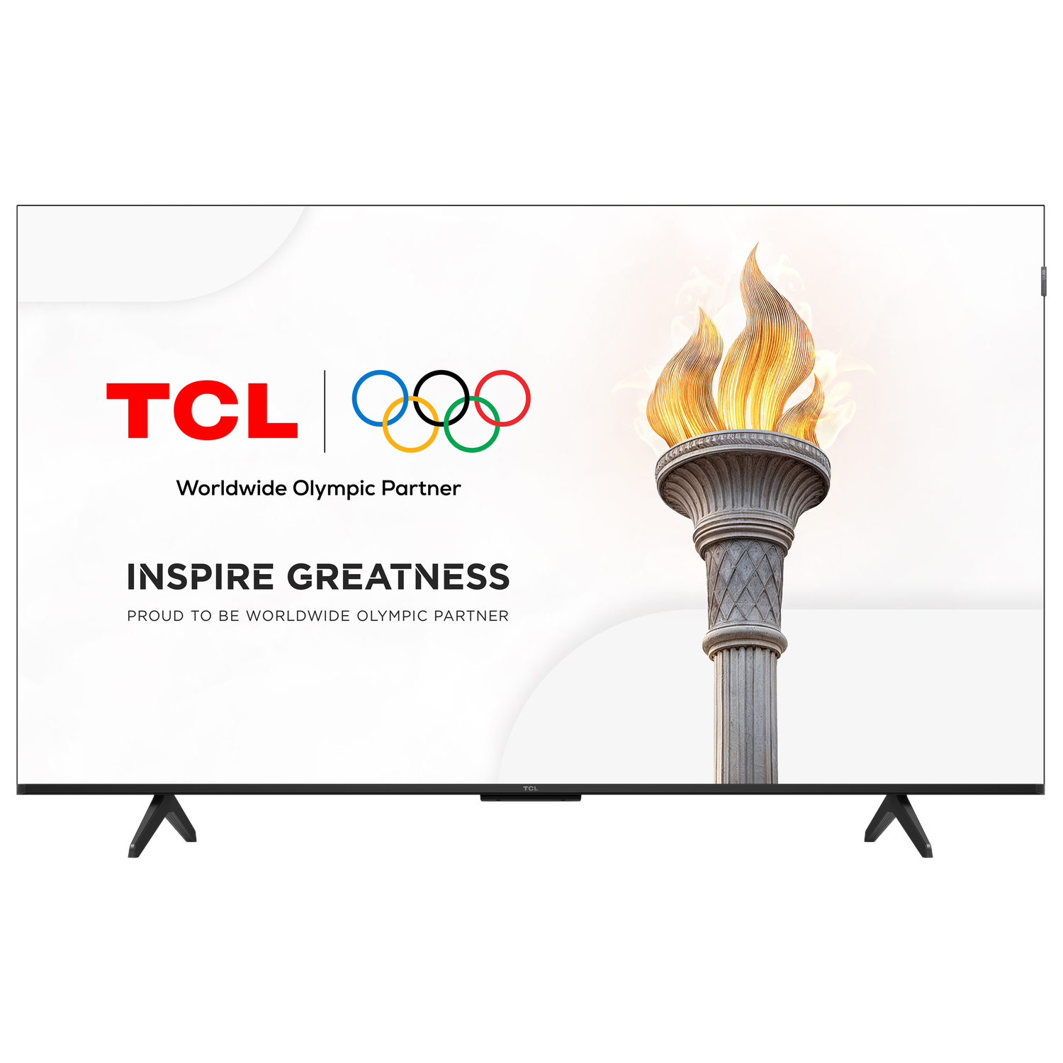 TCL TV displays the Olympic rings, torch, and logo. The words Inspire Greatness are also on the screen.