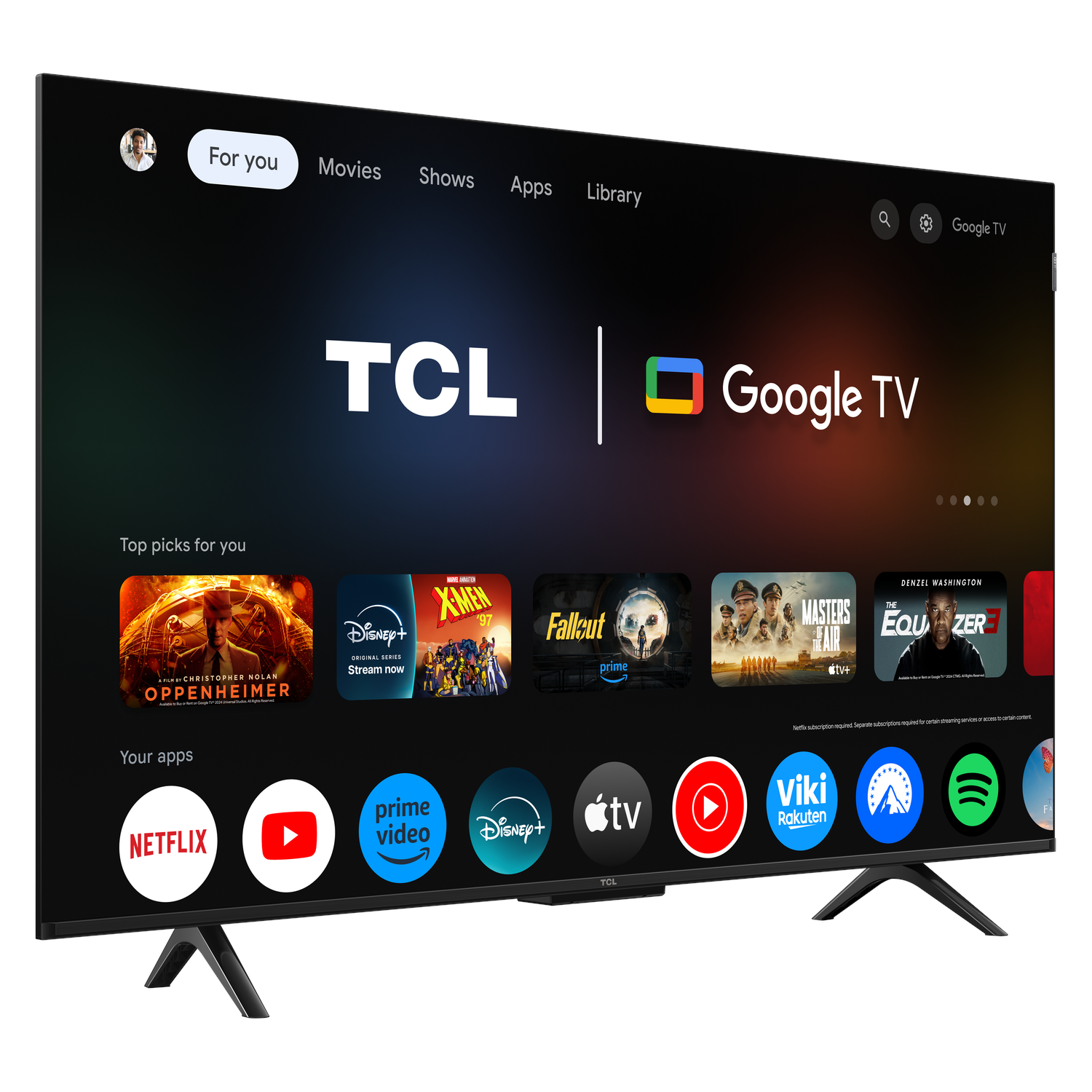 Een TCL Google TV-scherm met de interface met app-pictogrammen.