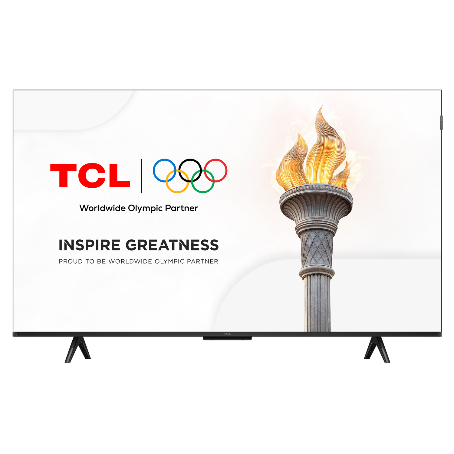 TCL TV met de Olympische ringen en de Olympische vlam. De tekst luidt 'Inspire Greatness'.
