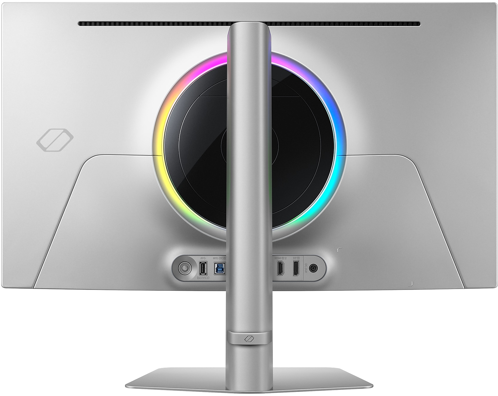 Ezüst monitor hátulja, kör alakú RGB fénygyűrűvel. Portok és állvány láthatók.