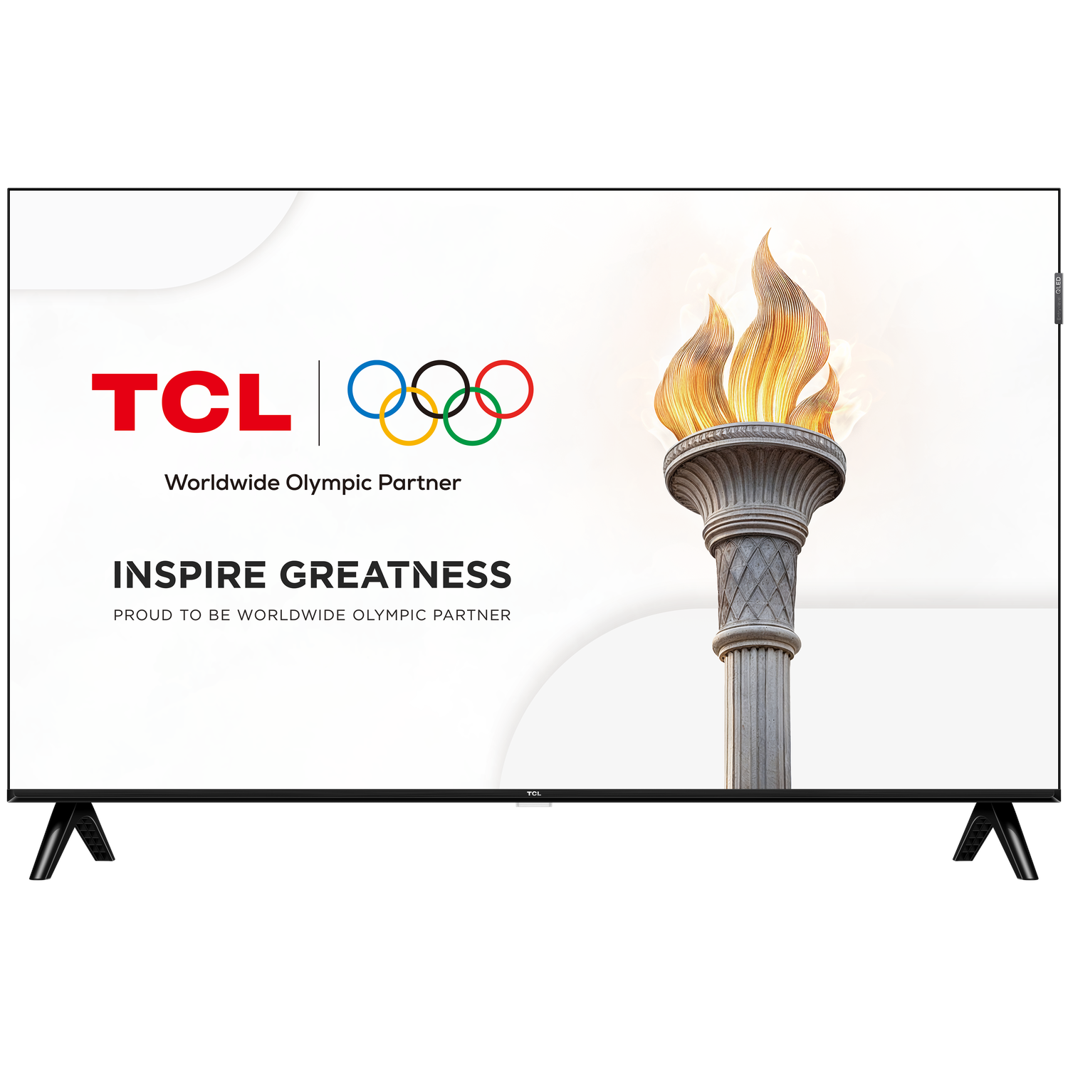 Een TCL TV met de Olympische ringen en de tekst 'INSPIRE GREATNESS' weergegeven.