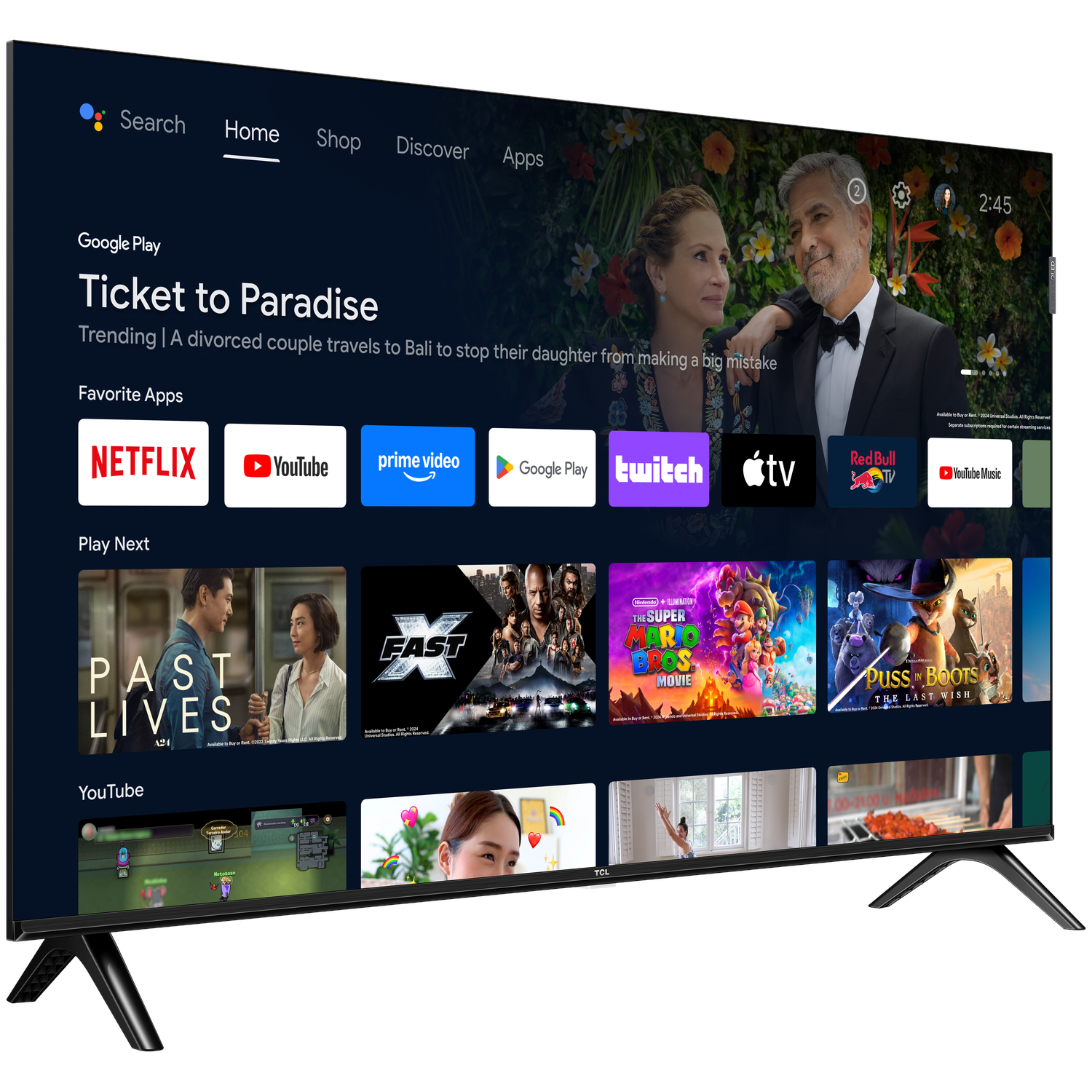 A TV screen displaying a movie scene and app icons.