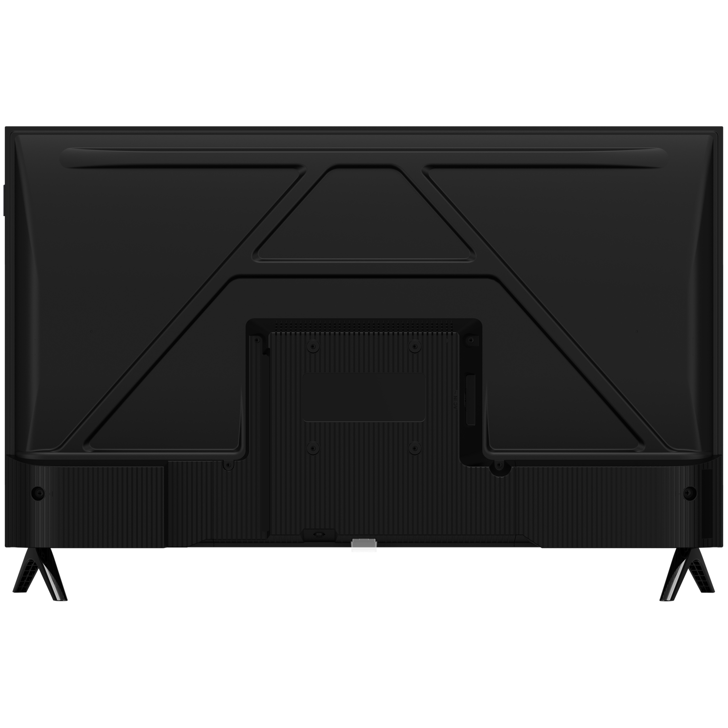 Black TV back, with a geometric design, ports, and stand legs visible.